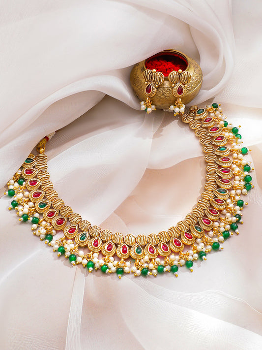 Ruby Studded Green Pearl Drop Necklace Set フリーサイズ