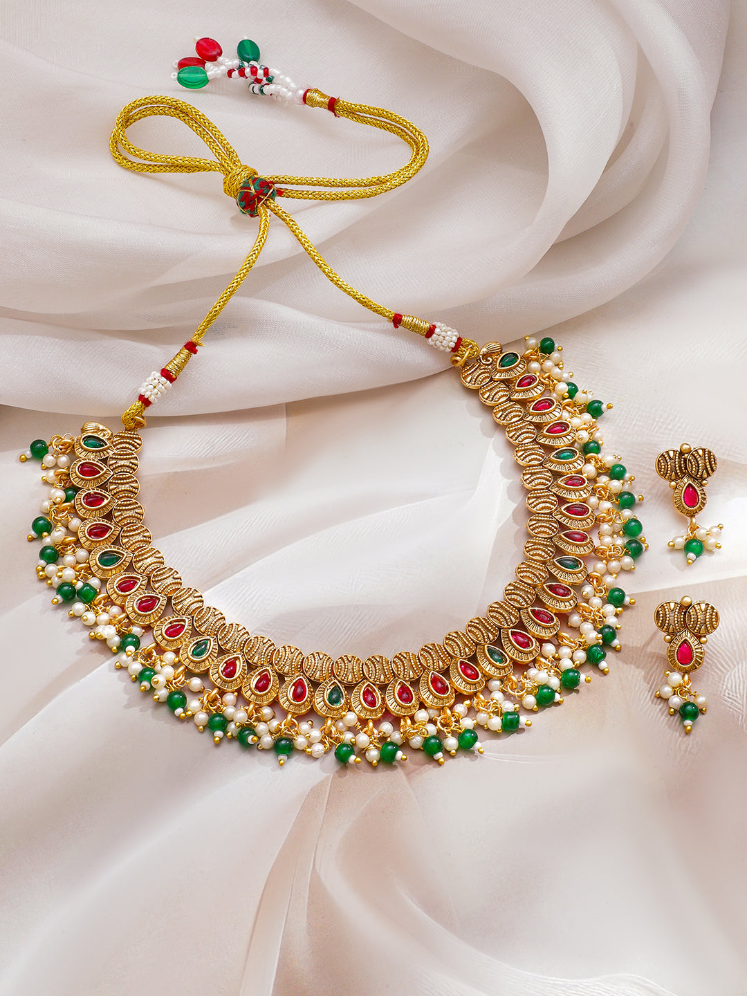Ruby Studded Green Pearl Drop Necklace Set フリーサイズ