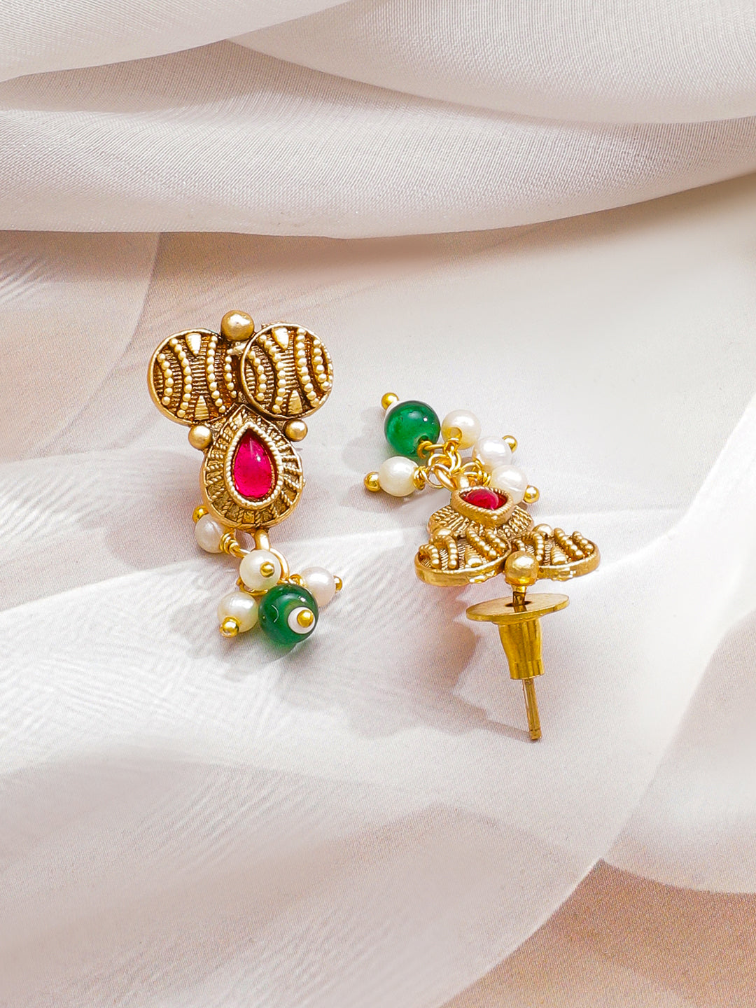 Ruby Studded Green Pearl Drop Necklace Set フリーサイズ