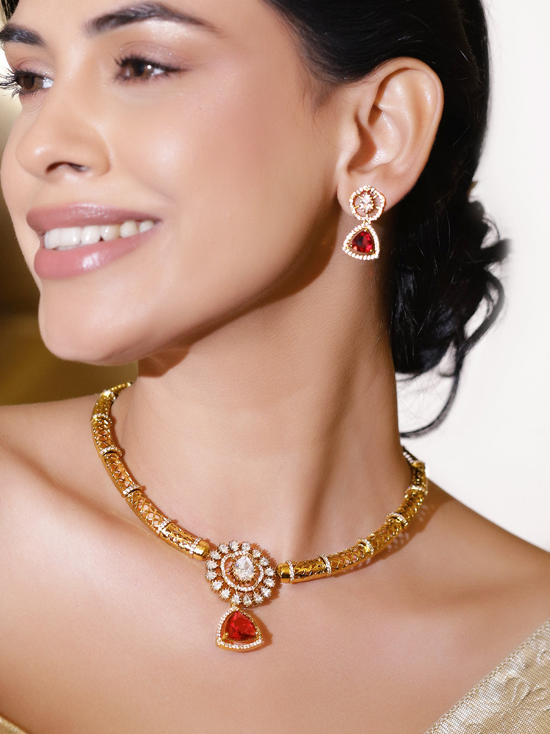Gold Toned Kundan Red Collar Necklace フリーサイズ