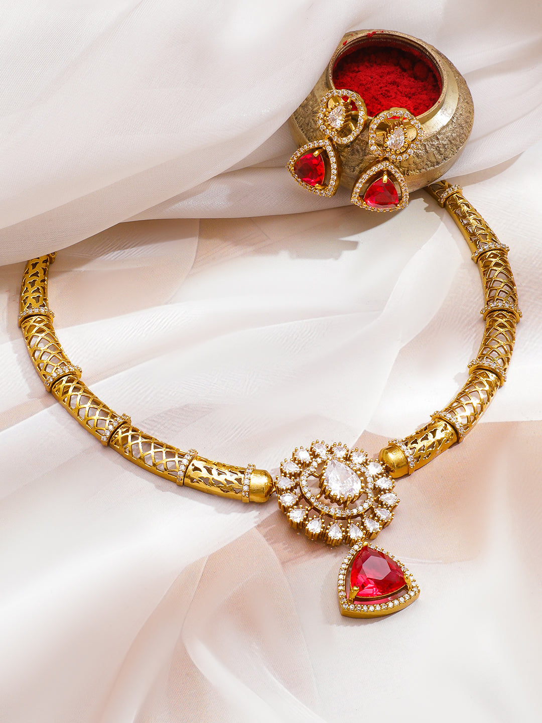 Gold Toned Kundan Red Collar Necklace フリーサイズ