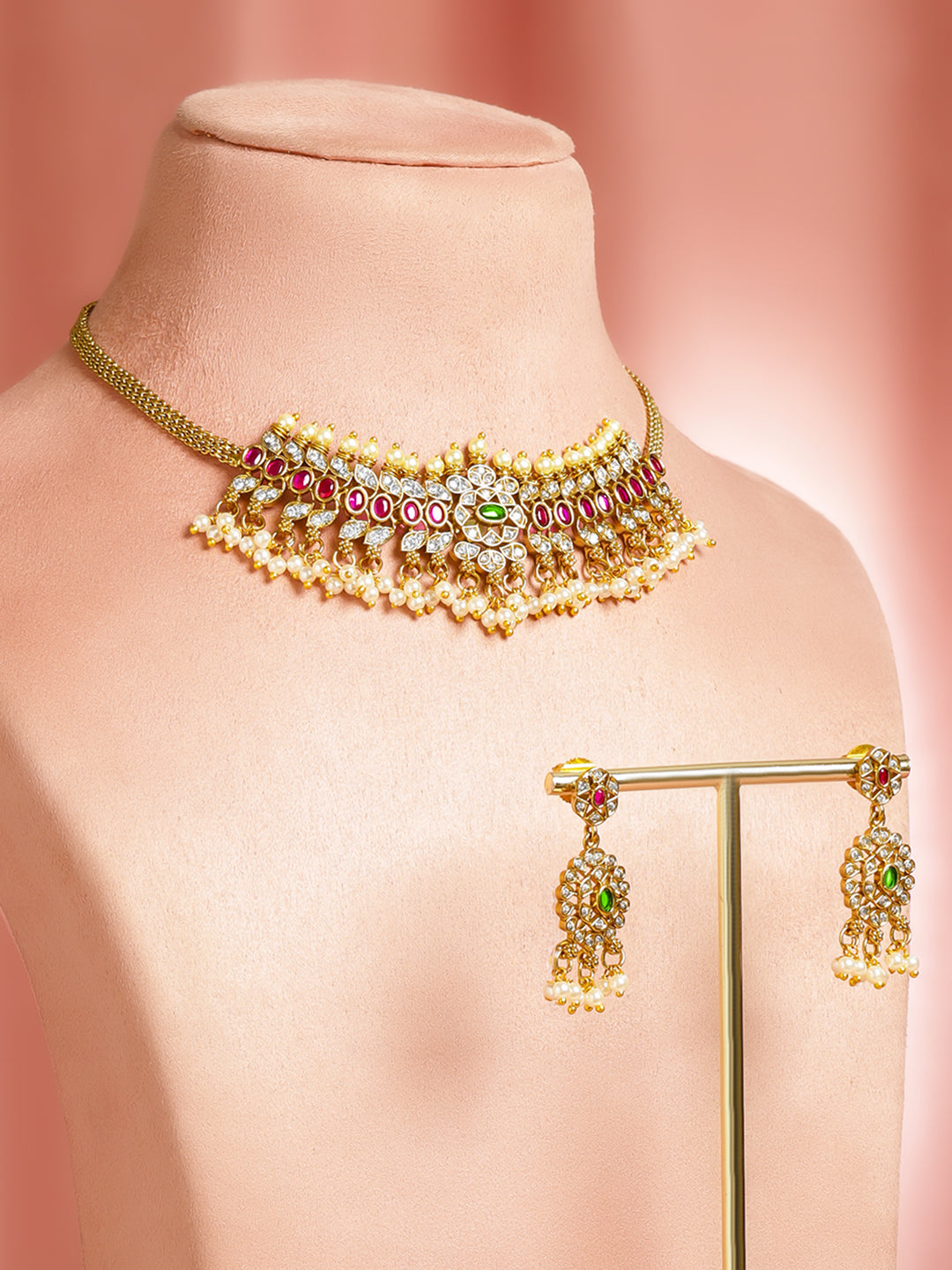 Multicolor Studded Pearl Drop Gold Necklace Set フリーサイズ