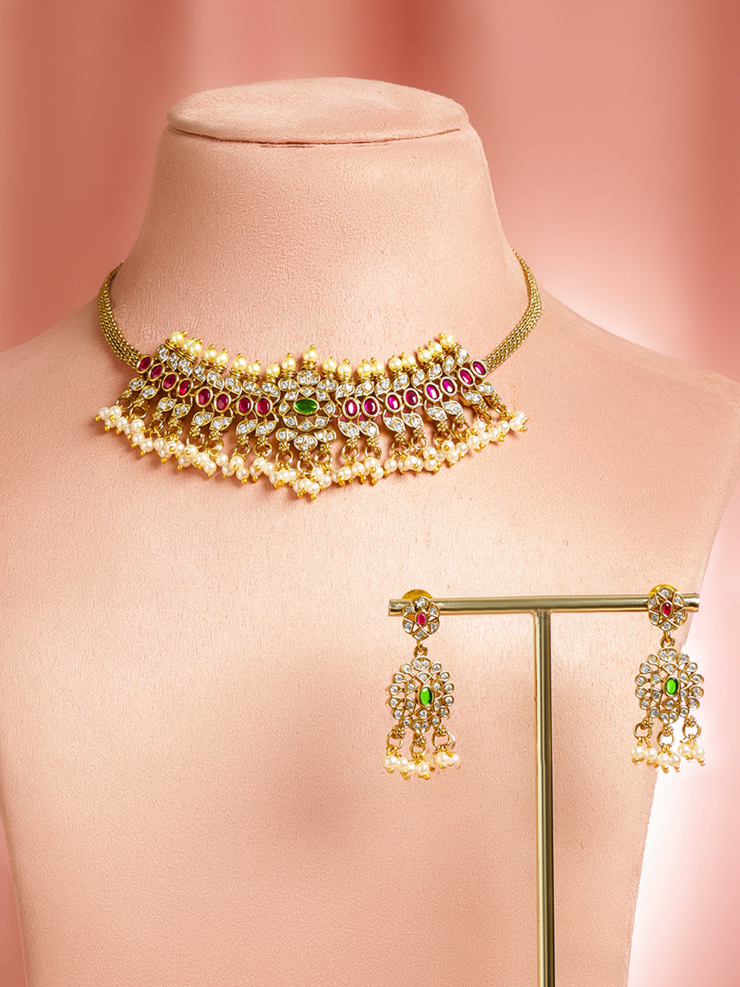 Multicolor Studded Pearl Drop Gold Necklace Set フリーサイズ
