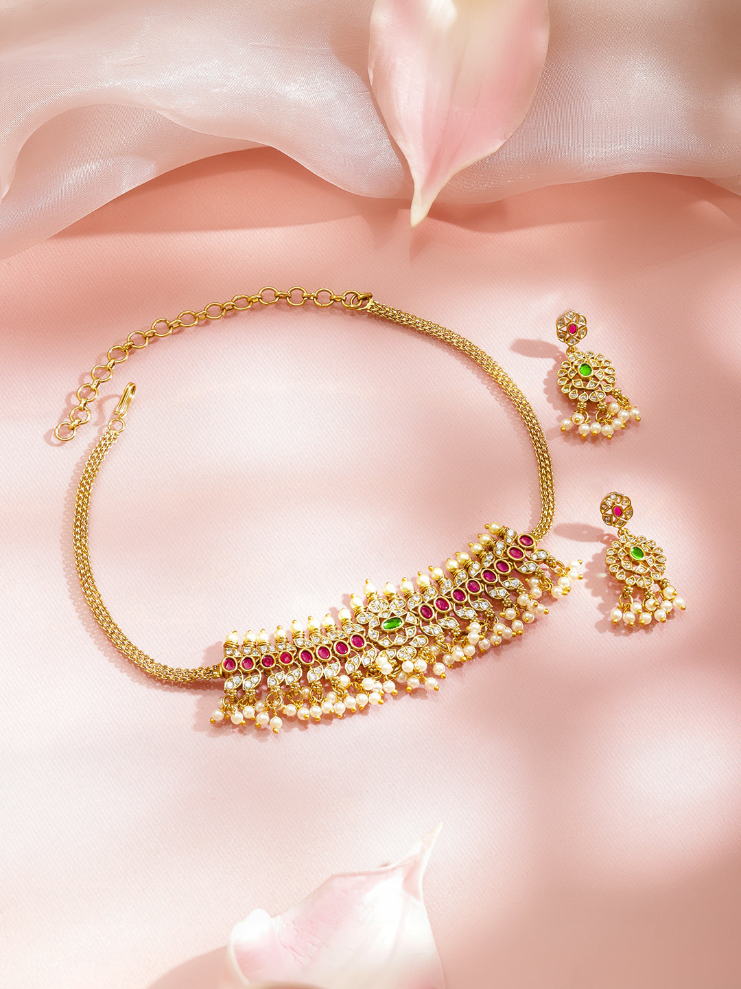 Multicolor Studded Pearl Drop Gold Necklace Set フリーサイズ
