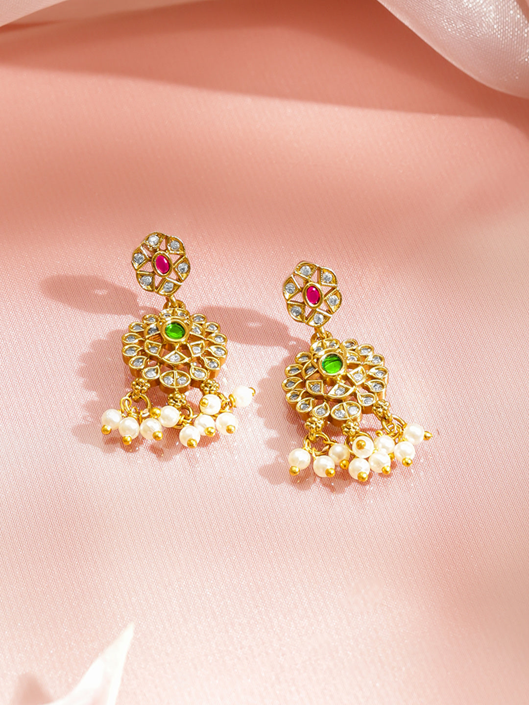 Multicolor Studded Pearl Drop Gold Necklace Set フリーサイズ