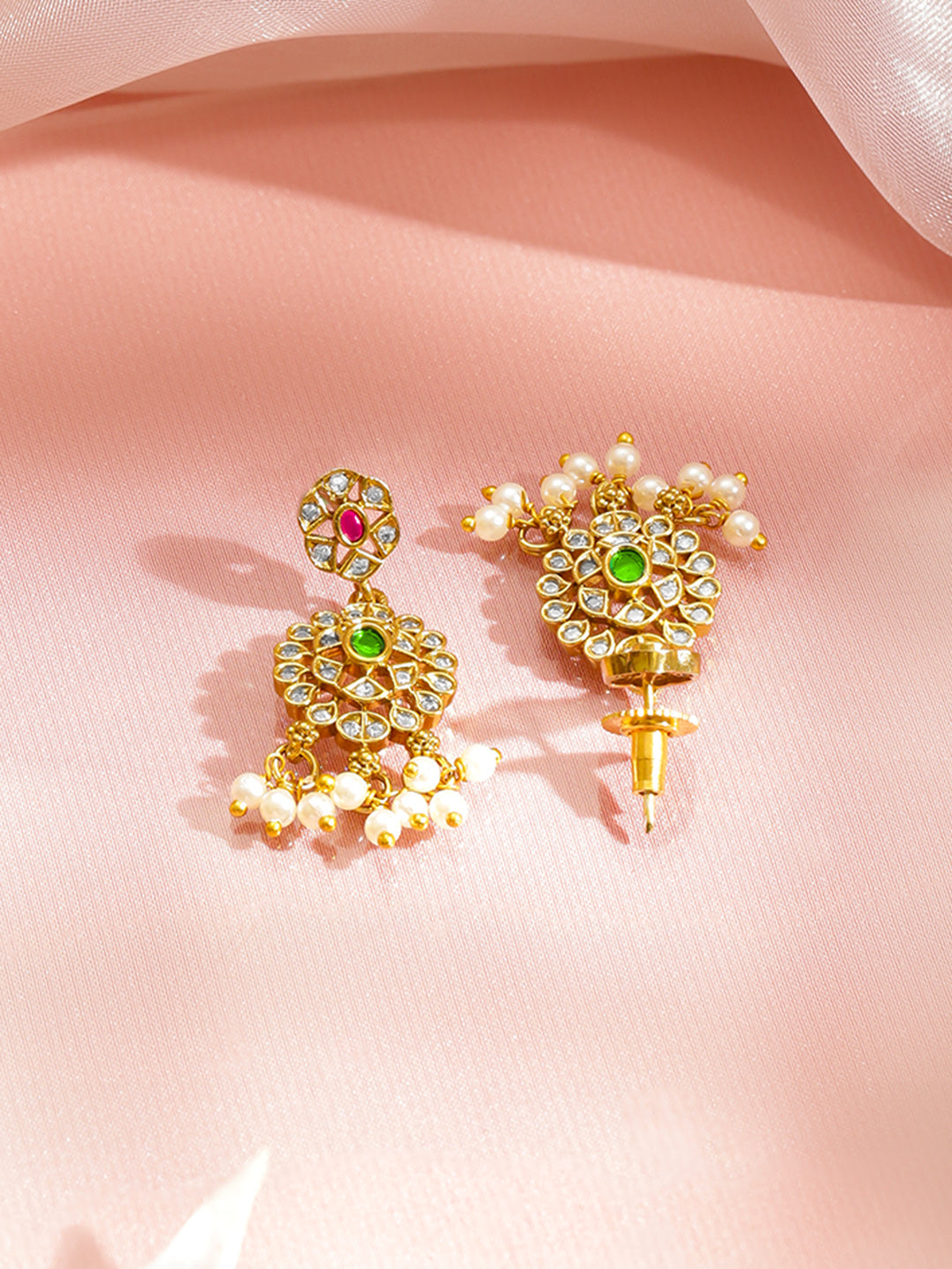 Multicolor Studded Pearl Drop Gold Necklace Set フリーサイズ