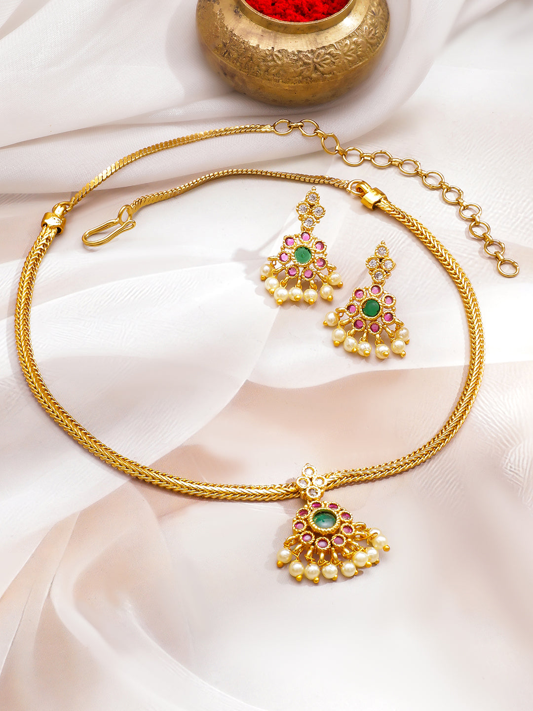 Pink & Green Pearl Drop Necklace Set フリーサイズ