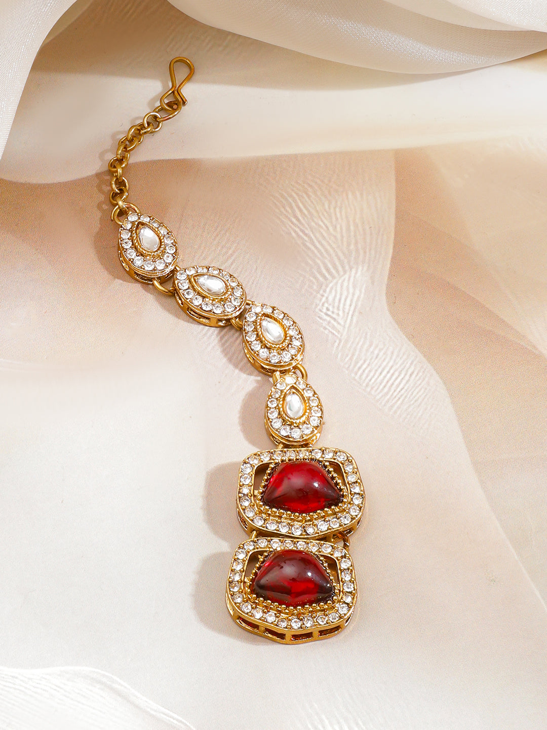 White Ruby Studded Gold Necklace Set With Maangtikka フリーサイズ