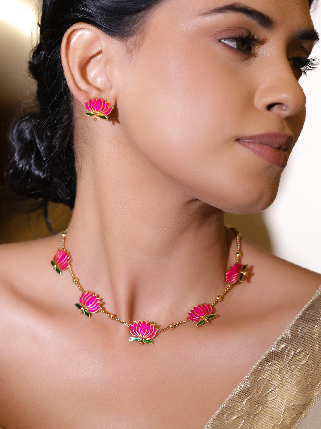Pink Lotus Motif Enamel Necklace Set フリーサイズ