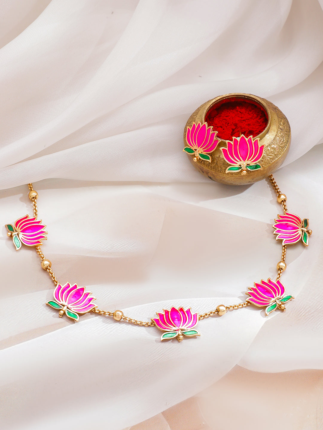 Pink Lotus Motif Enamel Necklace Set フリーサイズ