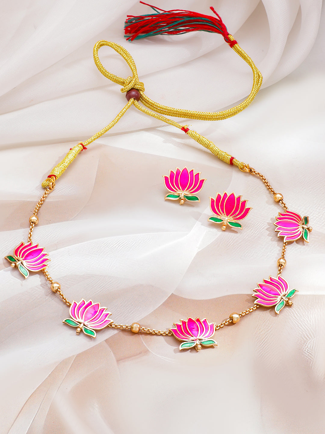 Pink Lotus Motif Enamel Necklace Set フリーサイズ