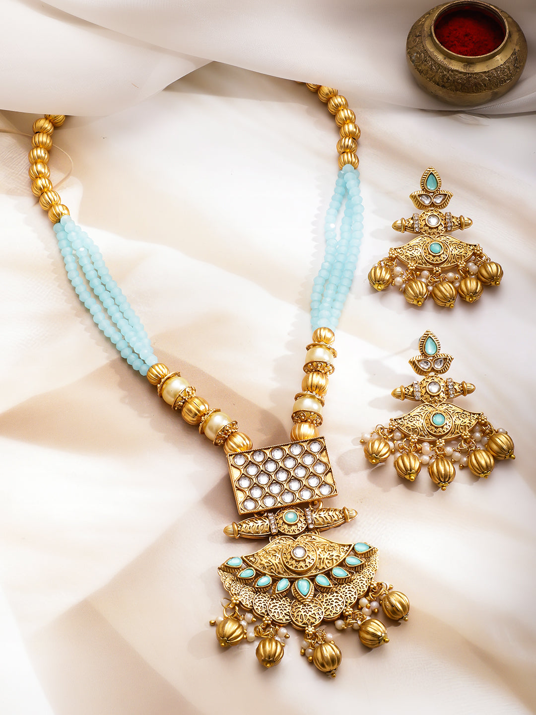 Elegant Blue & Kundan Long Necklace Set フリーサイズ
