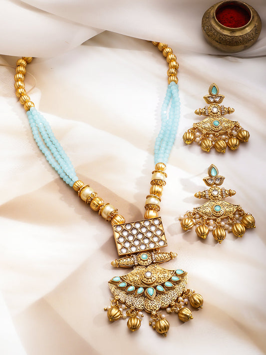 Elegant Blue & Kundan Long Necklace Set フリーサイズ
