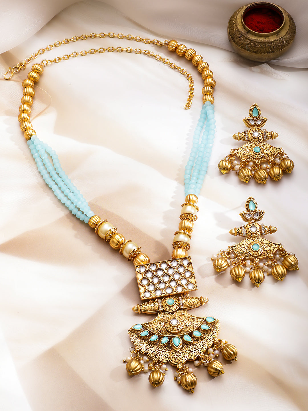 Elegant Blue & Kundan Long Necklace Set フリーサイズ