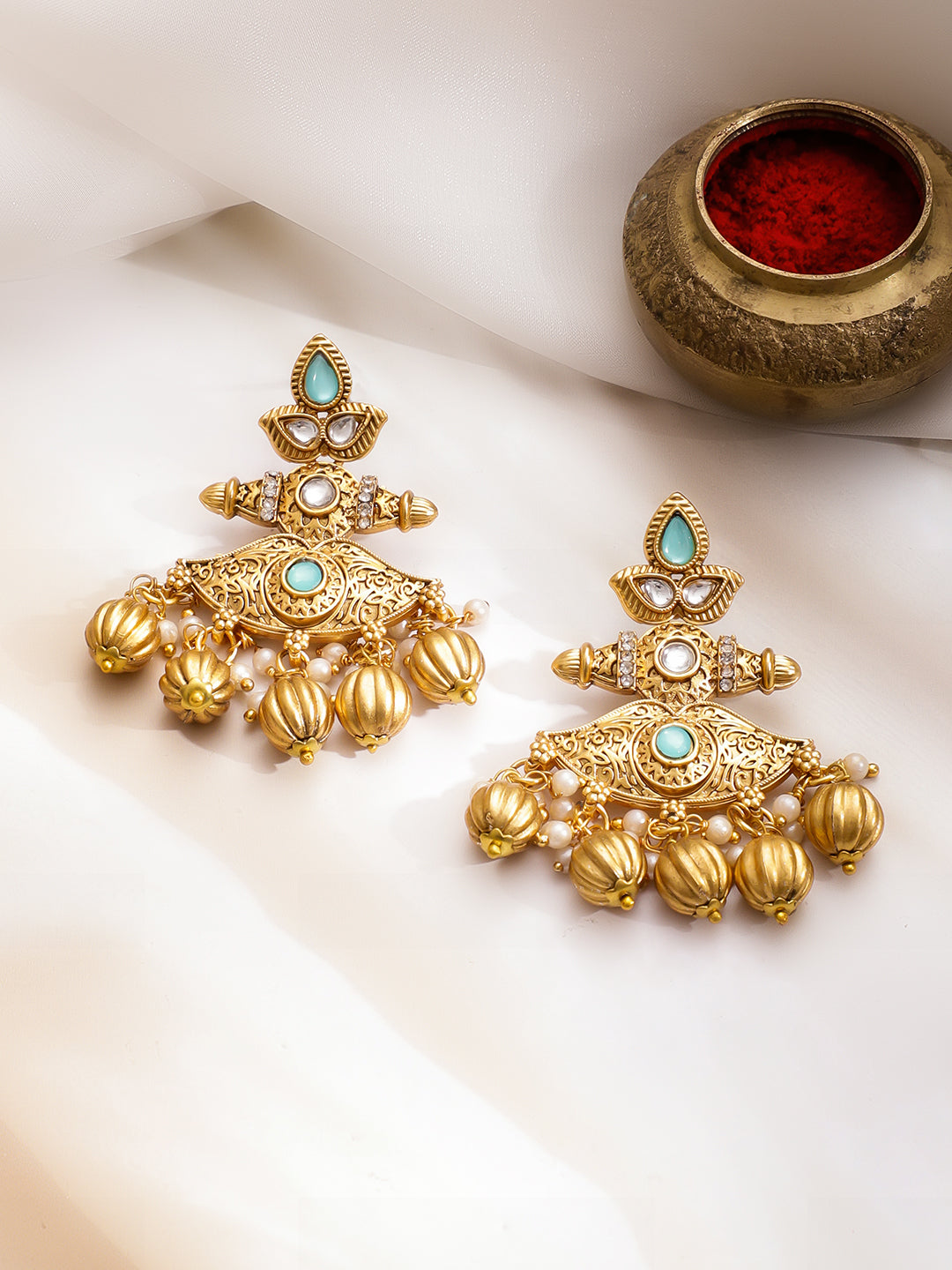 Elegant Blue & Kundan Long Necklace Set フリーサイズ