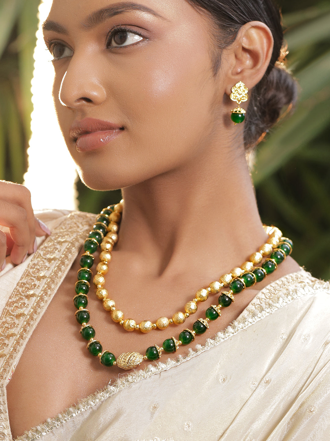 Green & Gold Beaded Dual Layered Necklace Set フリーサイズ