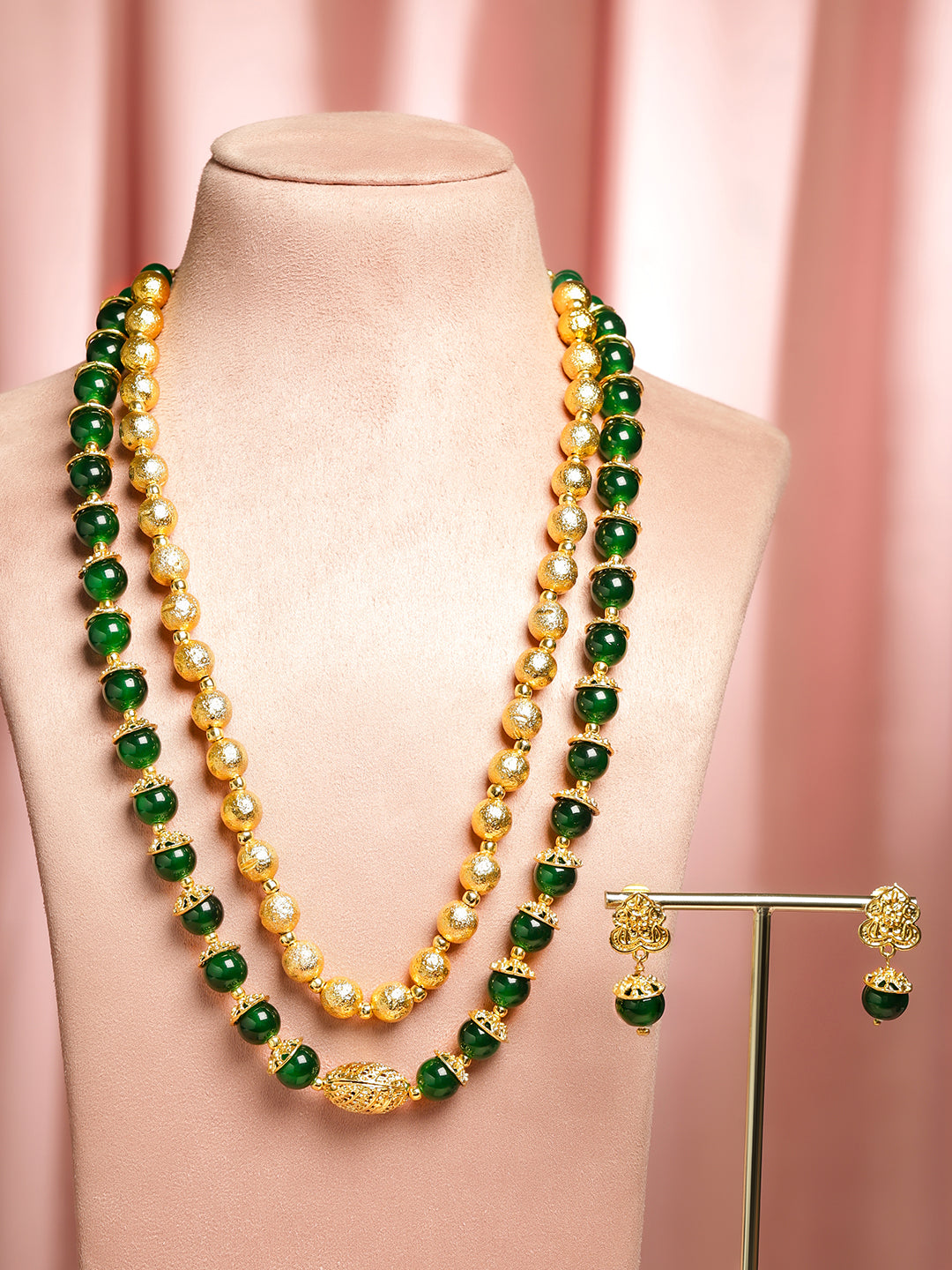 Green & Gold Beaded Dual Layered Necklace Set フリーサイズ