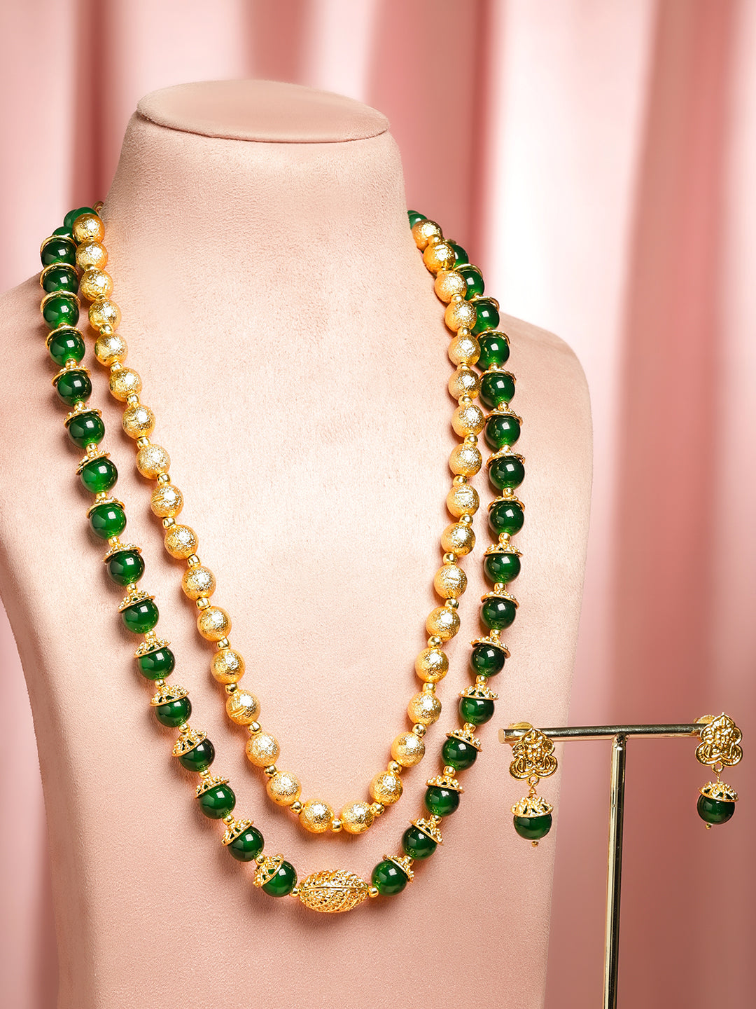 Green & Gold Beaded Dual Layered Necklace Set フリーサイズ