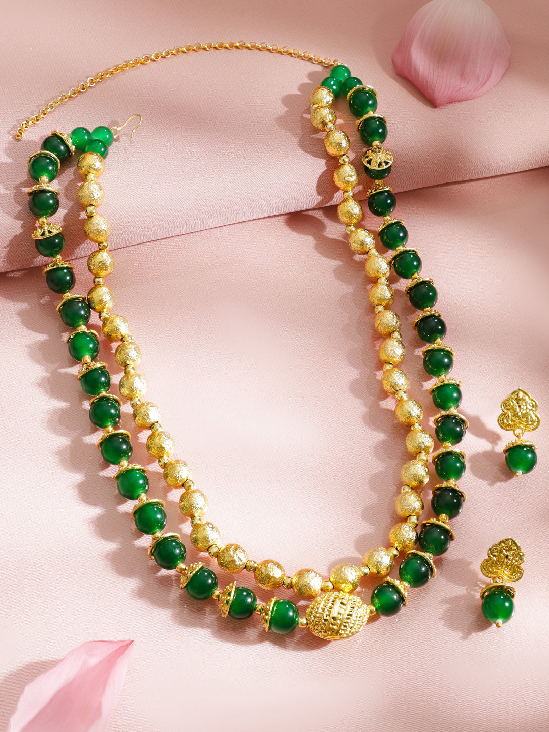 Green & Gold Beaded Dual Layered Necklace Set フリーサイズ