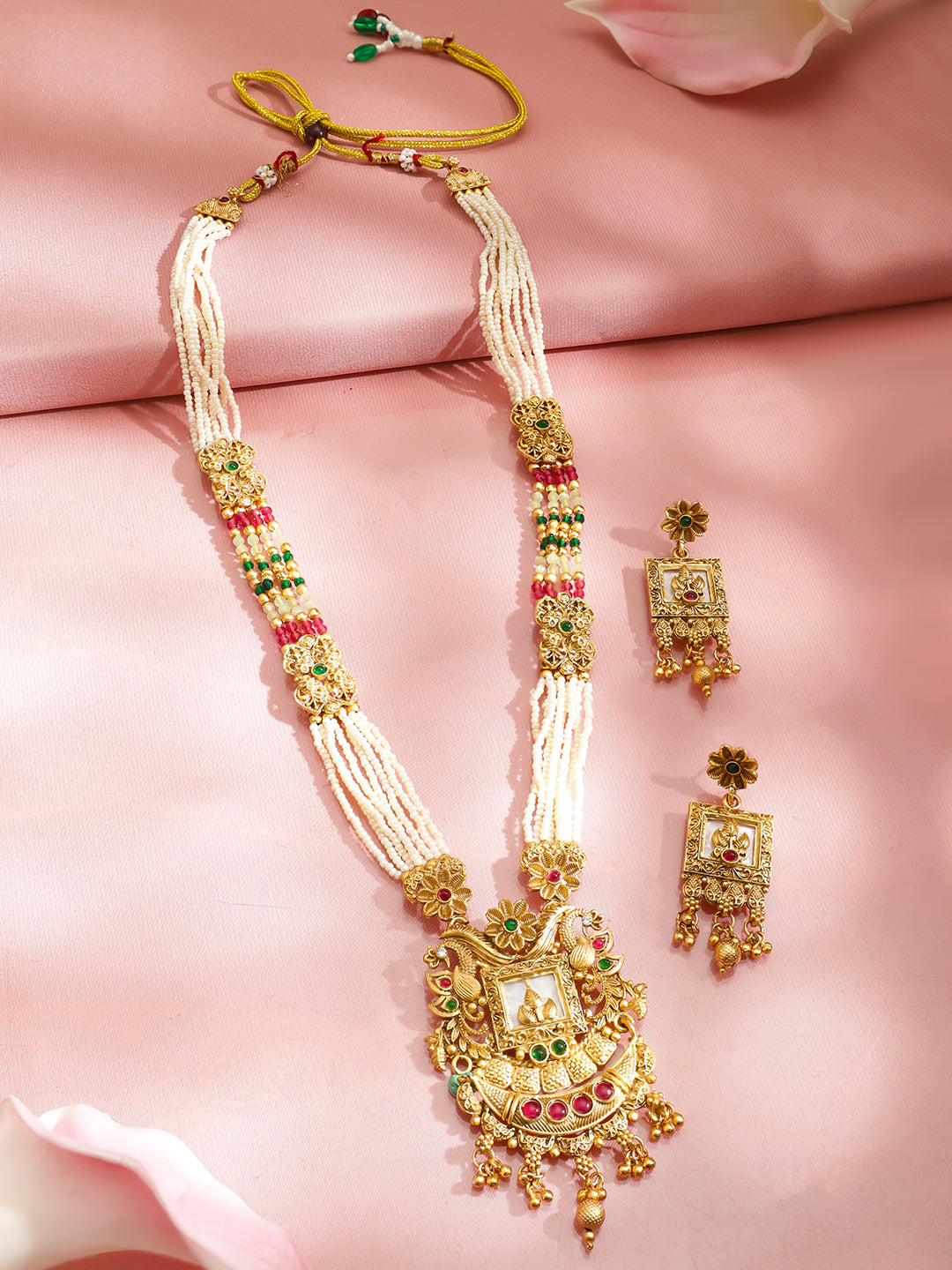 Floral Design Pearl Beaded Golden Necklace Set フリーサイズ