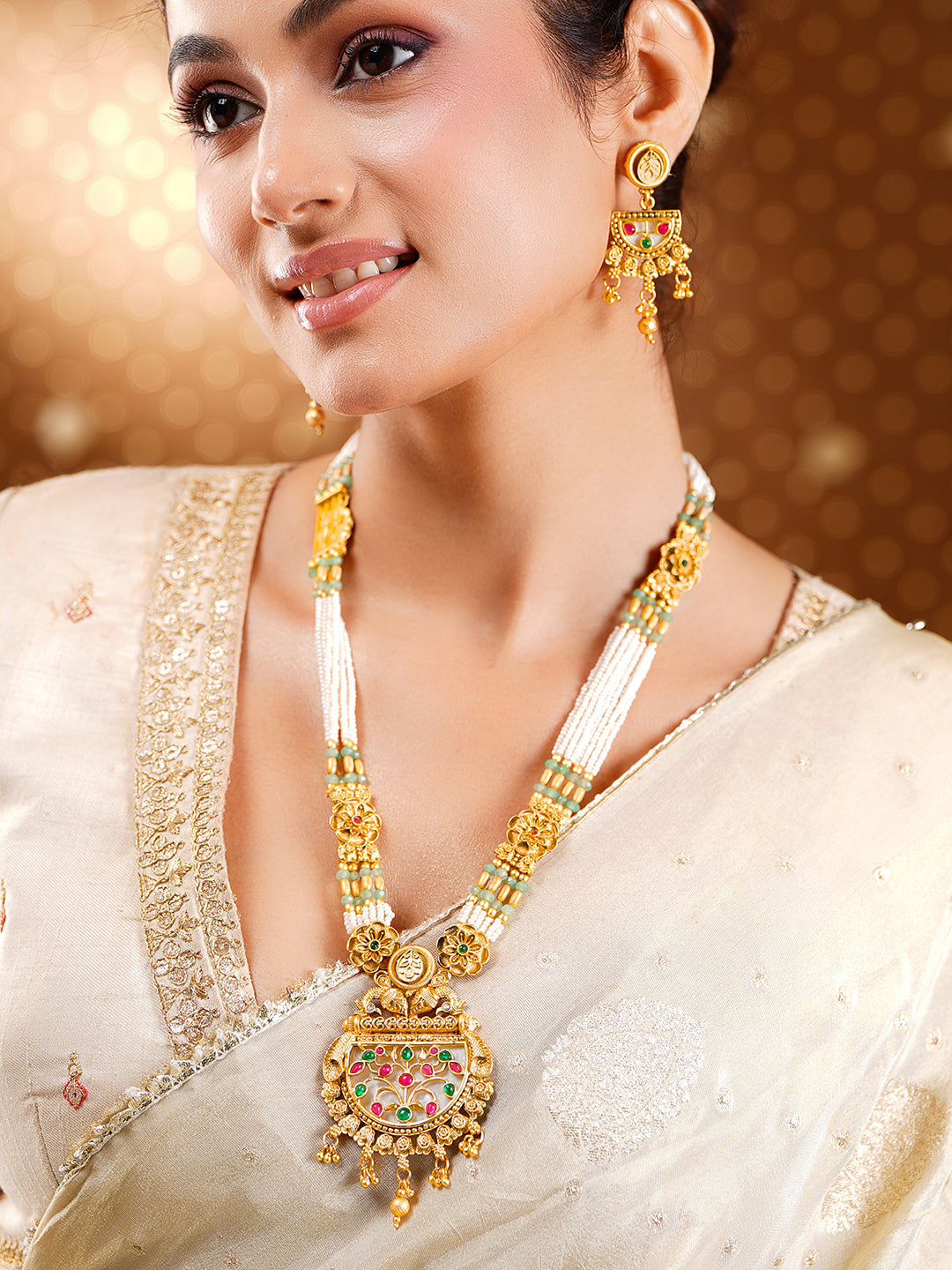 【Rubans】 Gold Plated Meenakari Pearl Beaded Floral Necklace Set with Earrings｜ゴールドメッキ ミーナカリ パールビーズ フローラル ネックレスセット