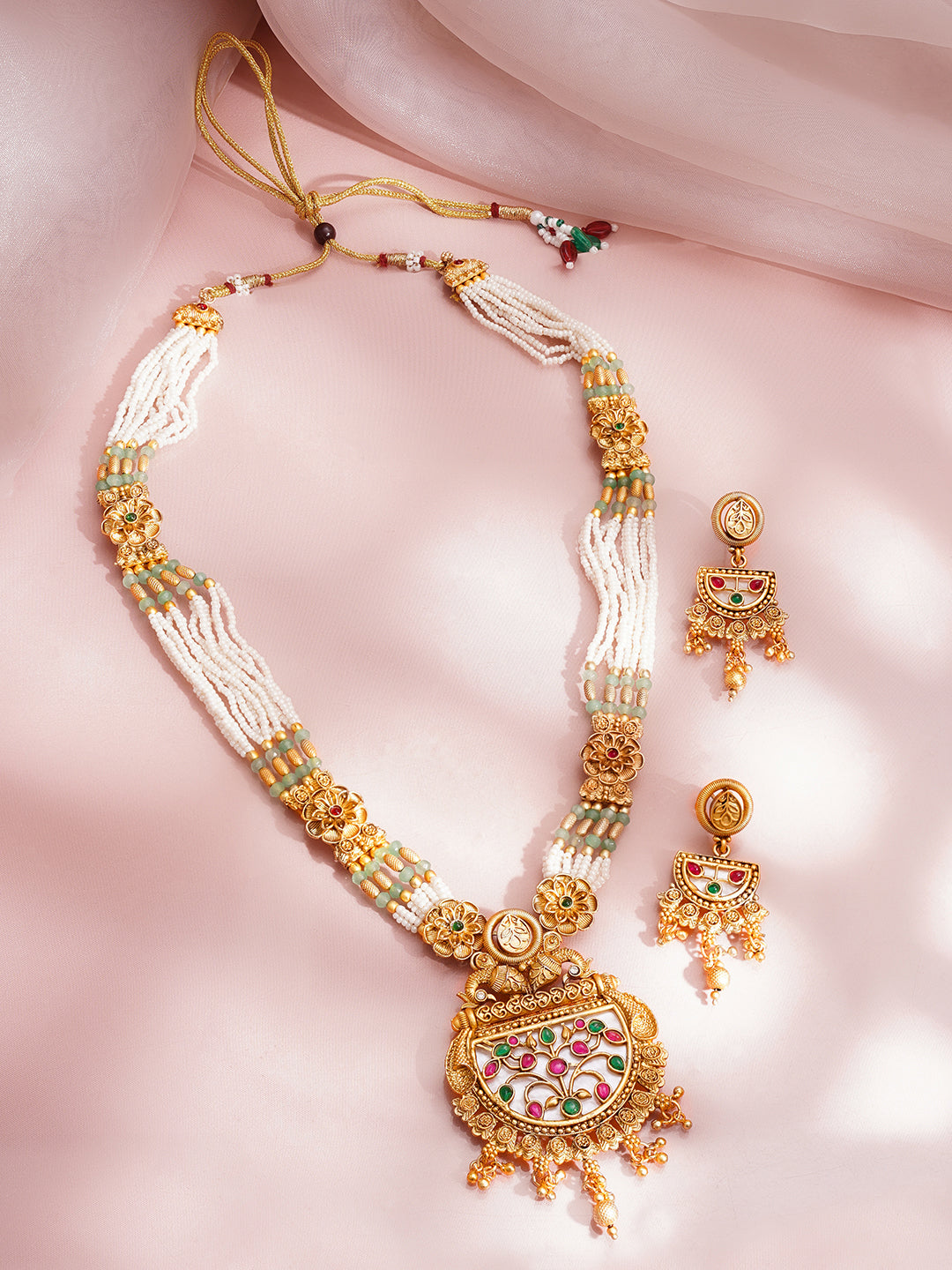 【Rubans】 Gold Plated Meenakari Pearl Beaded Floral Necklace Set with Earrings｜ゴールドメッキ ミーナカリ パールビーズ フローラル ネックレスセット