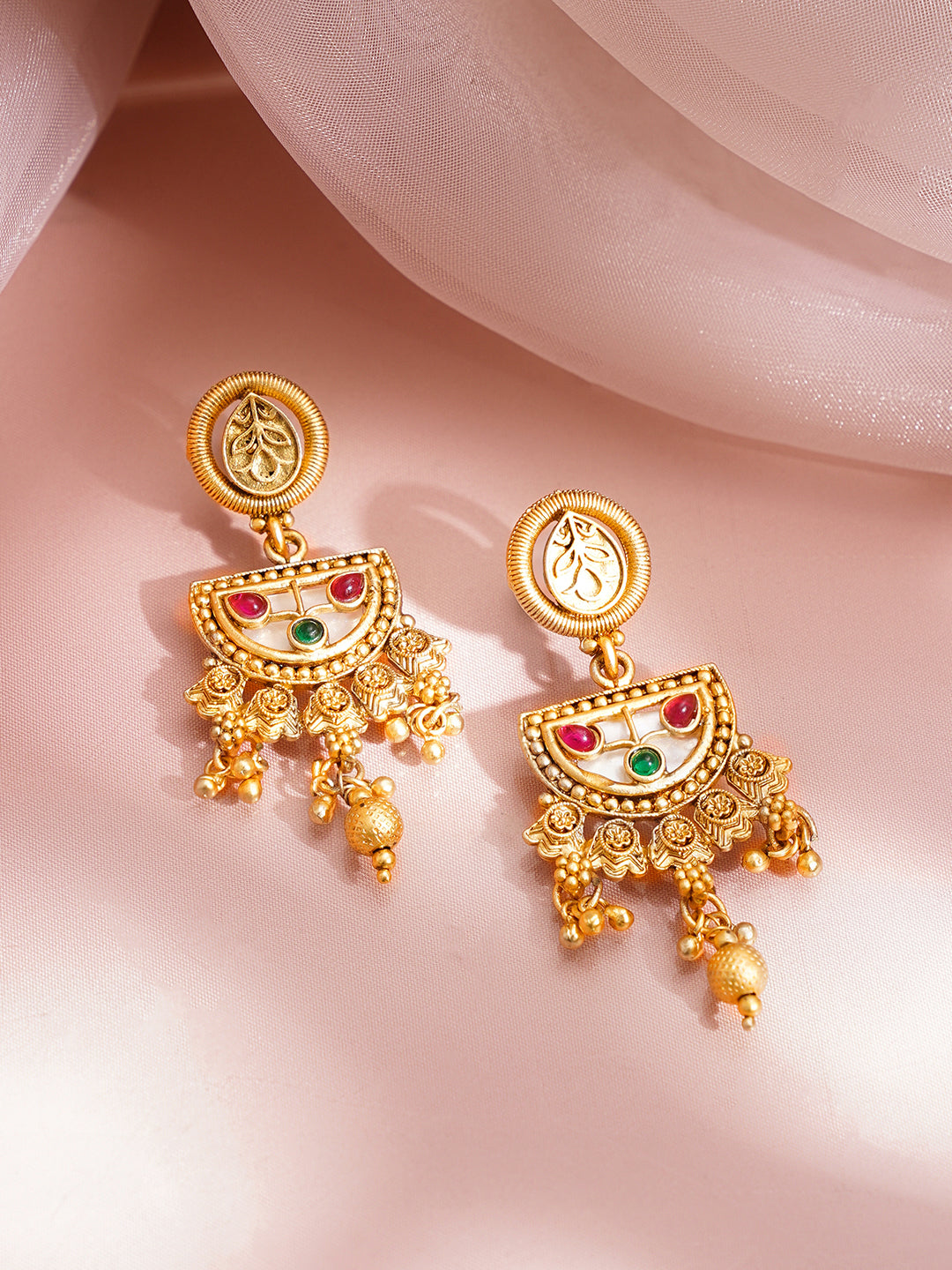 【Rubans】 Gold Plated Meenakari Pearl Beaded Floral Necklace Set with Earrings｜ゴールドメッキ ミーナカリ パールビーズ フローラル ネックレスセット