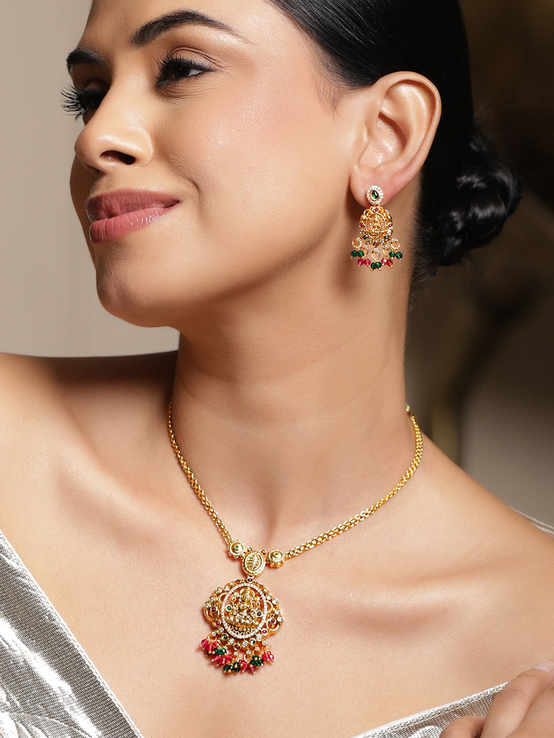 Traditional Lakshmi Green & Pink Necklace Set フリーサイズ