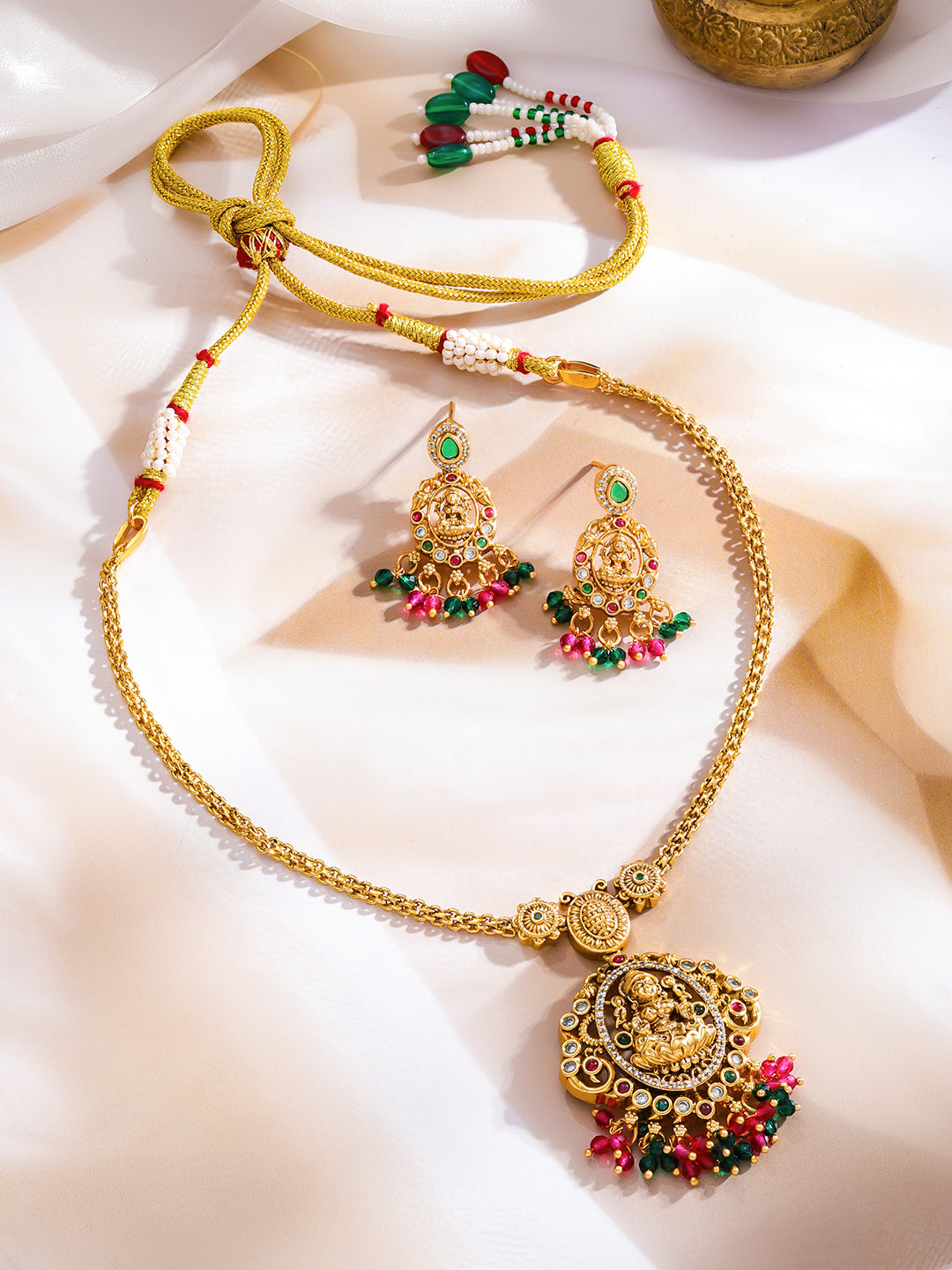 Traditional Lakshmi Green & Pink Necklace Set フリーサイズ