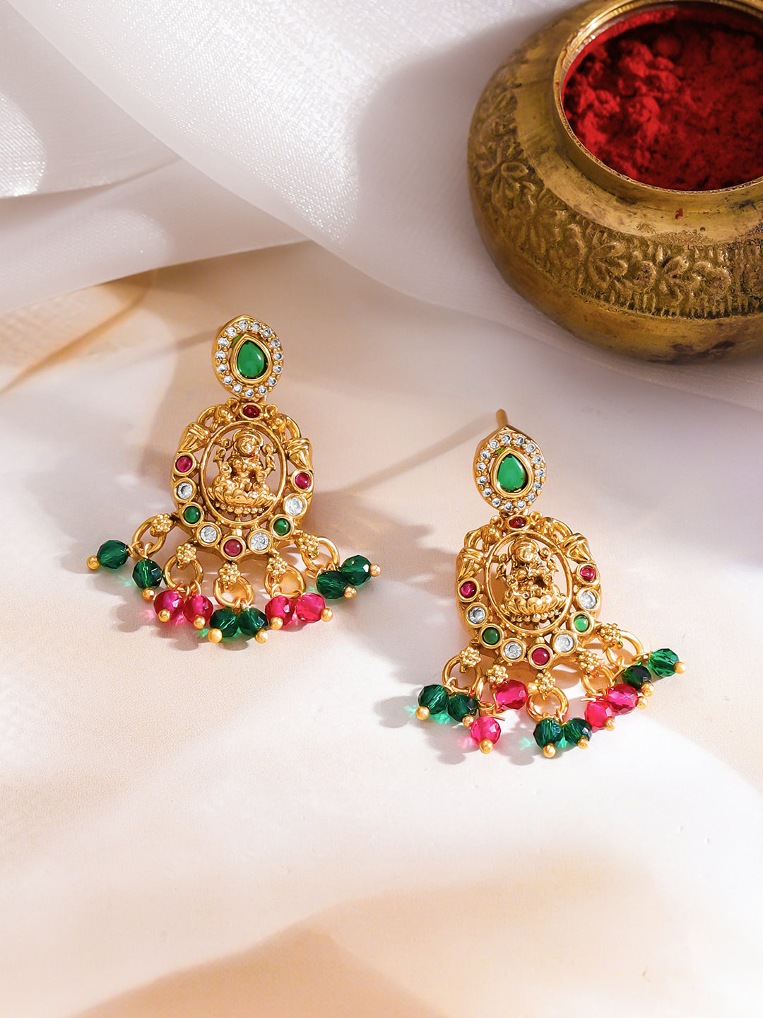 Traditional Lakshmi Green & Pink Necklace Set フリーサイズ