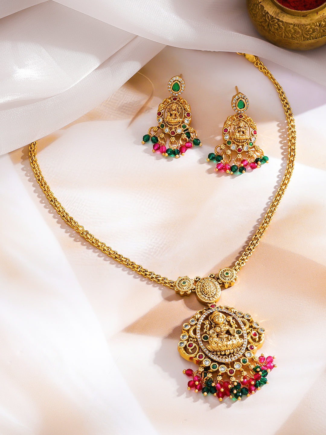 Traditional Lakshmi Green & Pink Necklace Set フリーサイズ
