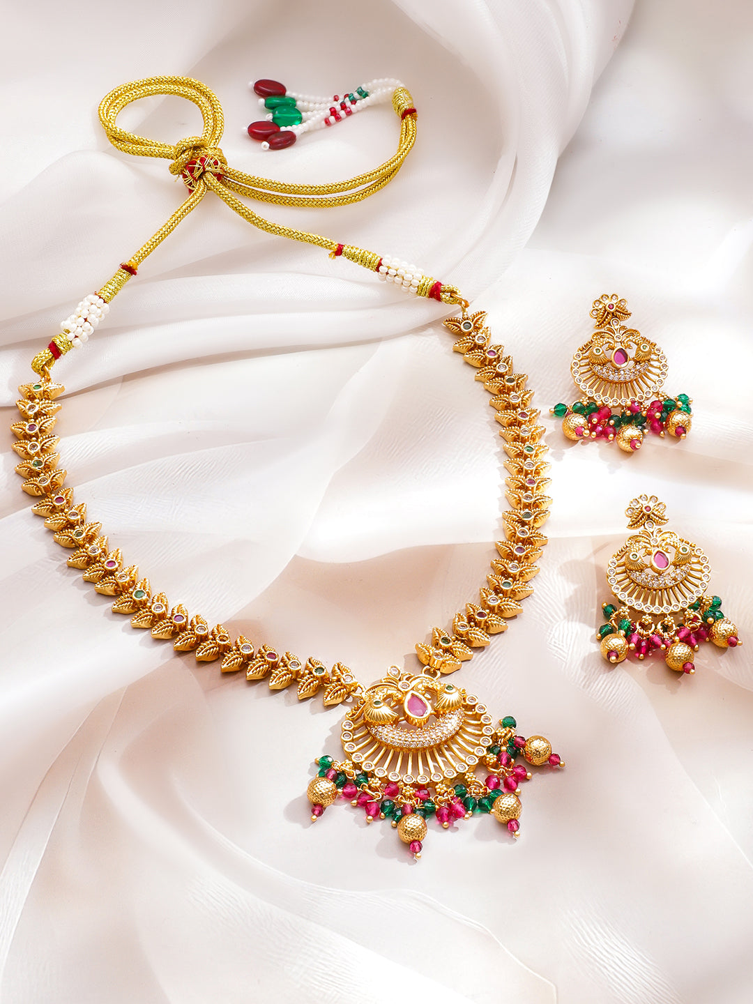Gold Toned Leaf Design Beaded Necklace Set フリーサイズ