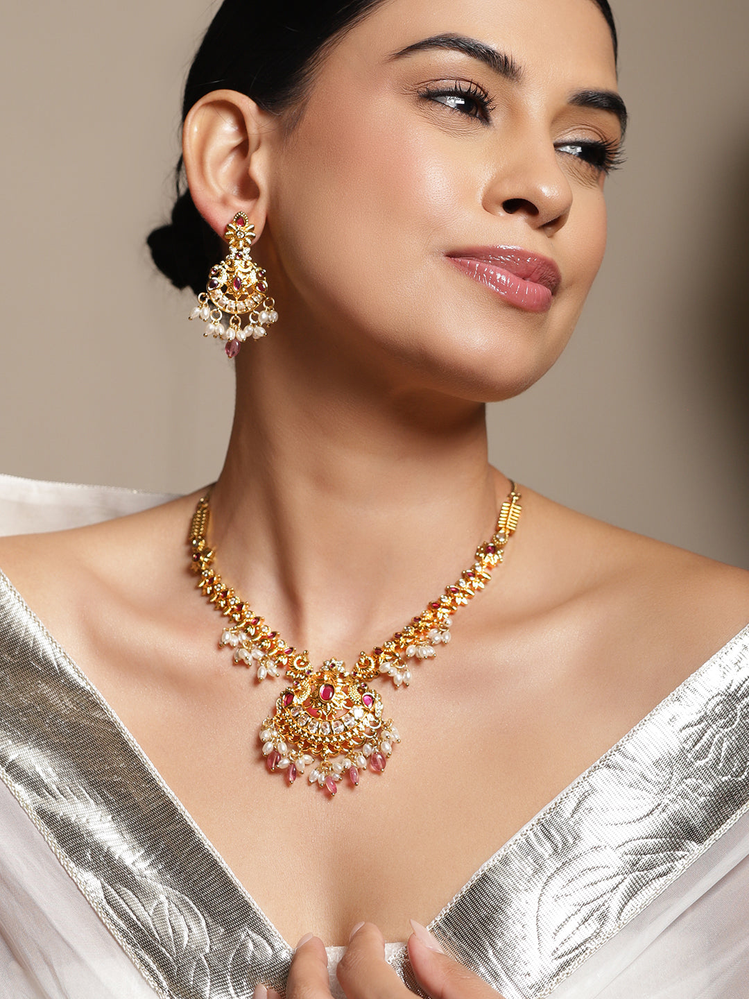 Golden Pearl Drop Pink Necklace Set フリーサイズ