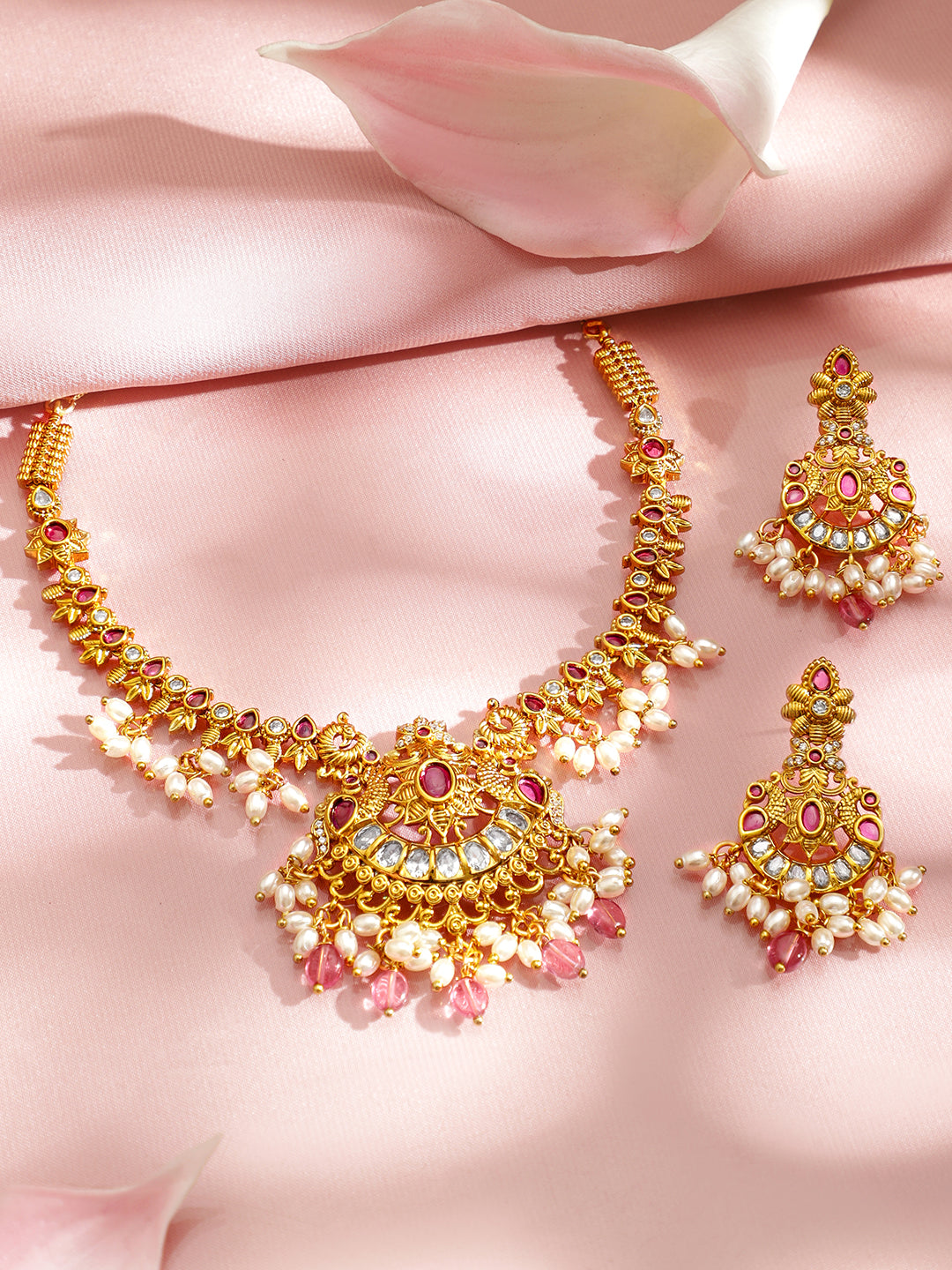 Golden Pearl Drop Pink Necklace Set フリーサイズ