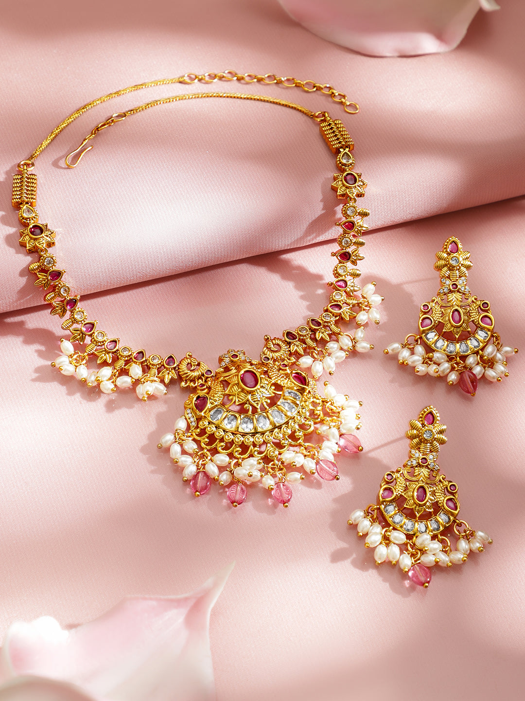 Golden Pearl Drop Pink Necklace Set フリーサイズ