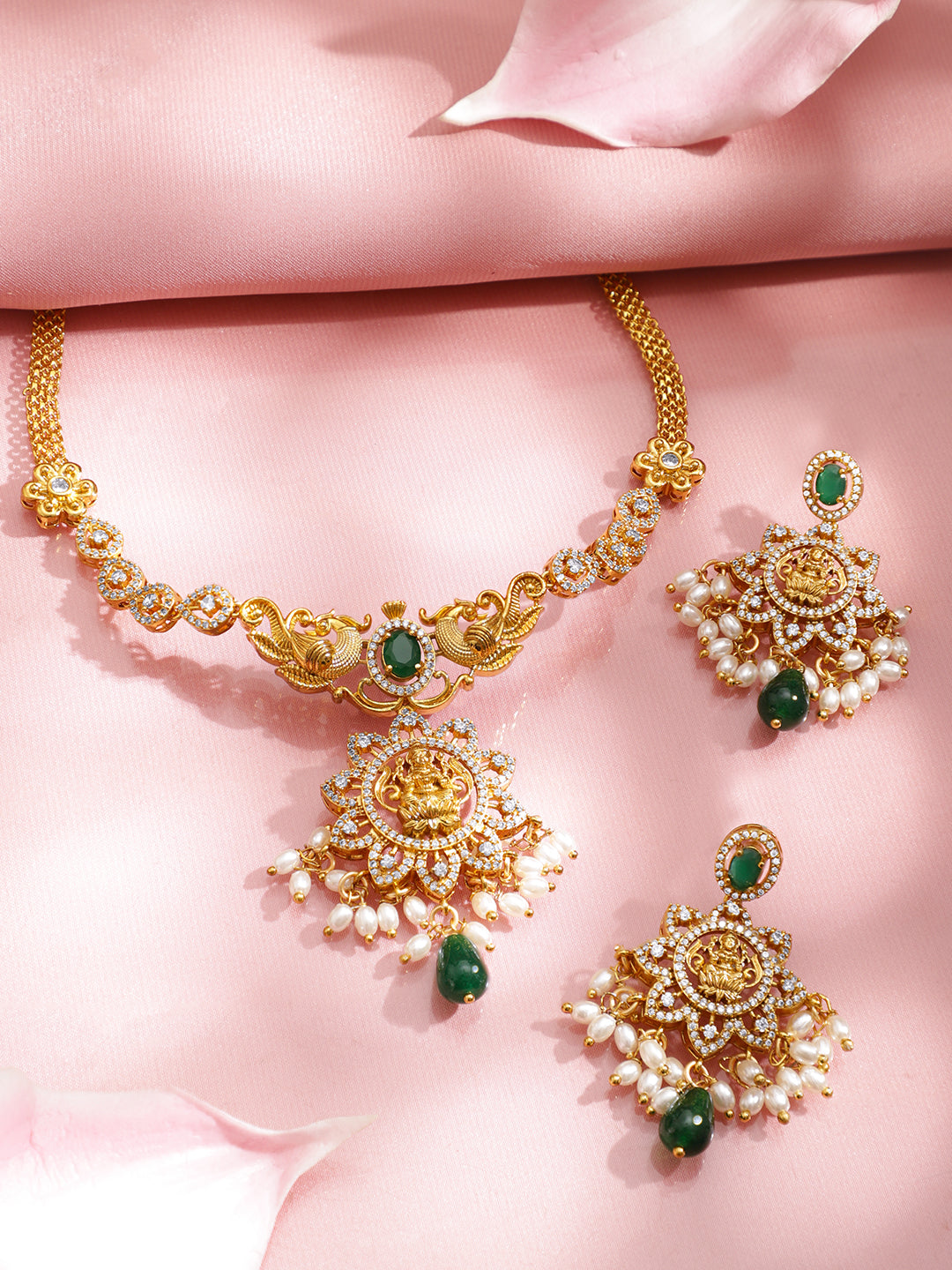 American Diamond Zirconia White Beaded Temple Necklace Set フリーサイズ