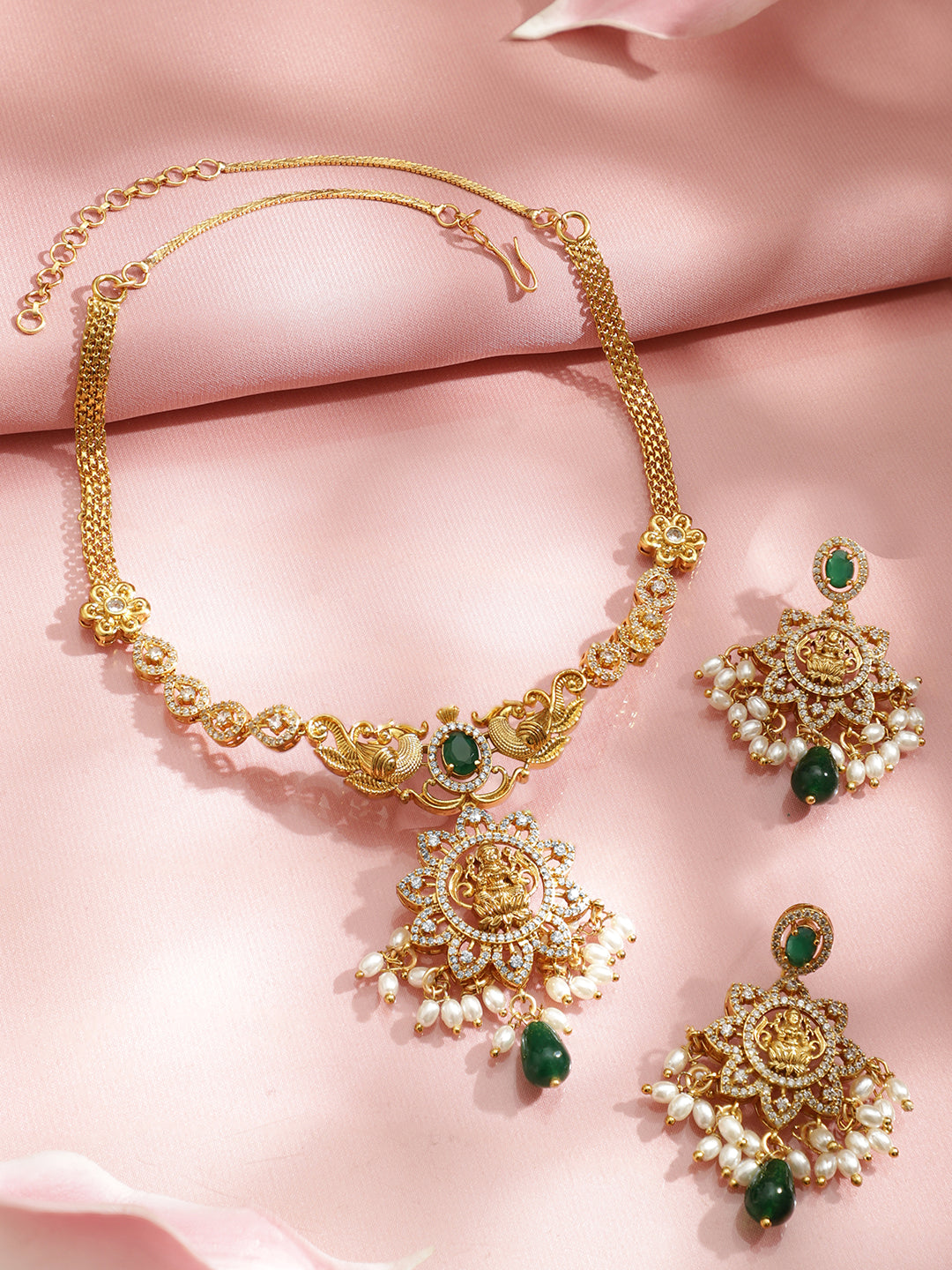 American Diamond Zirconia White Beaded Temple Necklace Set フリーサイズ
