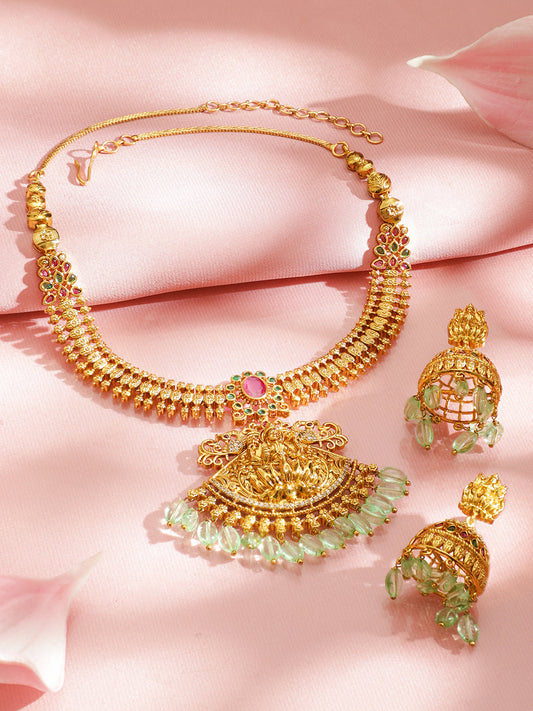 Red & Green Beaded Temple Necklace Set フリーサイズ