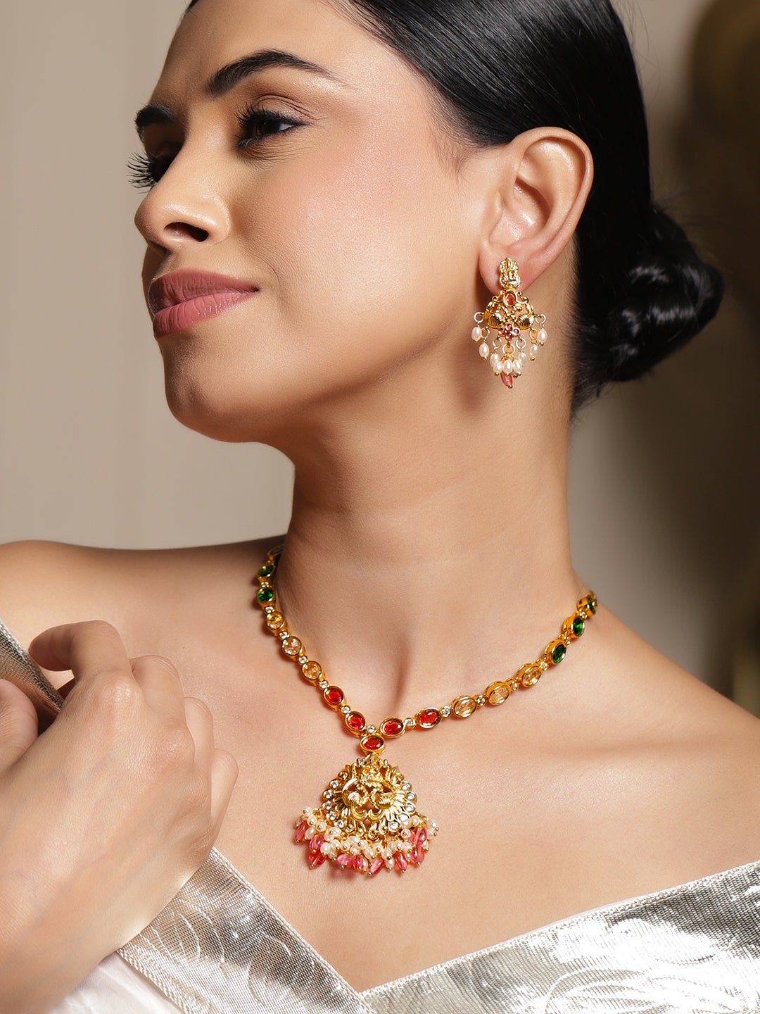 Multicolor Pearl Drop Temple Necklace Set フリーサイズ