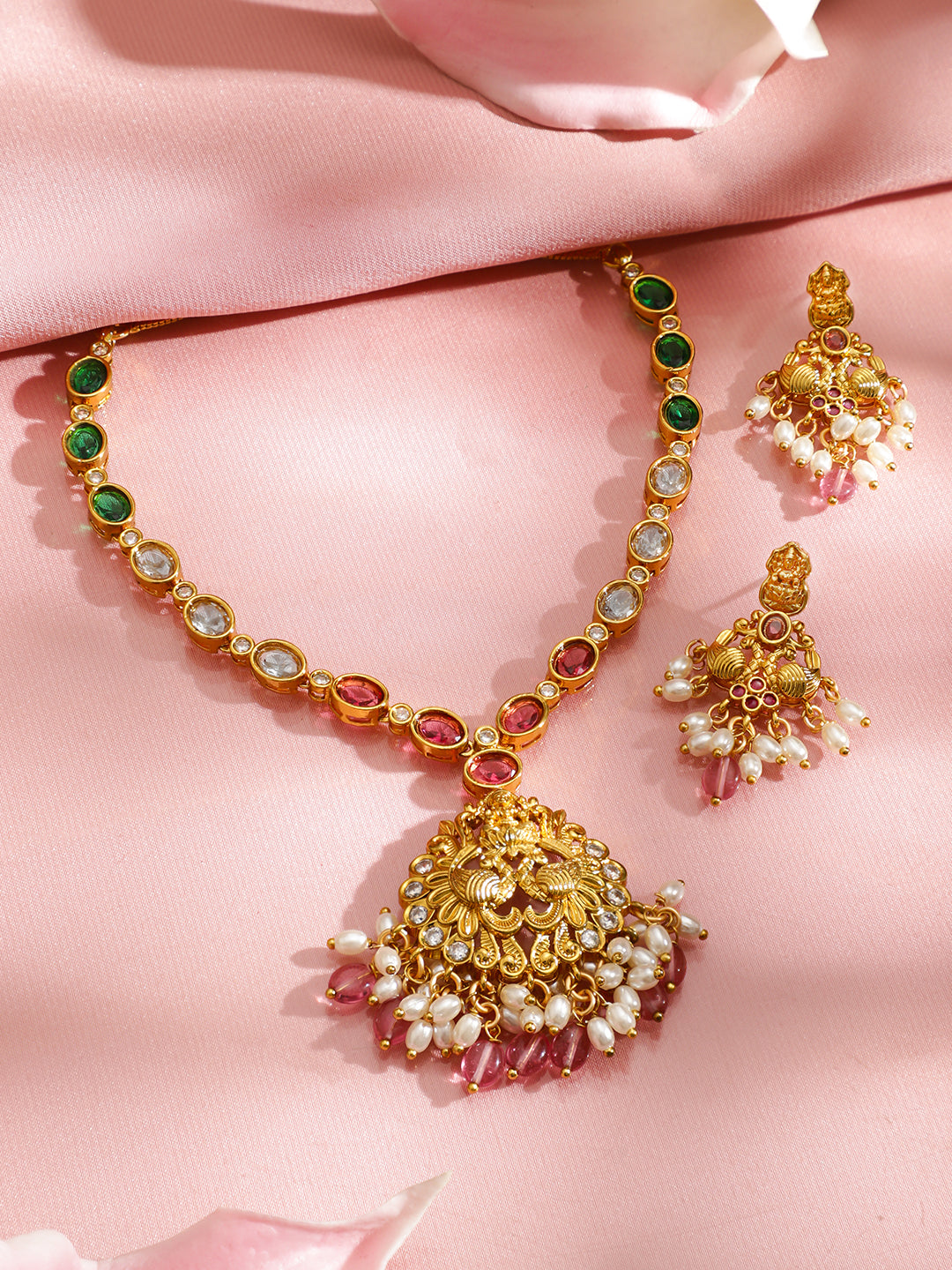 Multicolor Pearl Drop Temple Necklace Set フリーサイズ