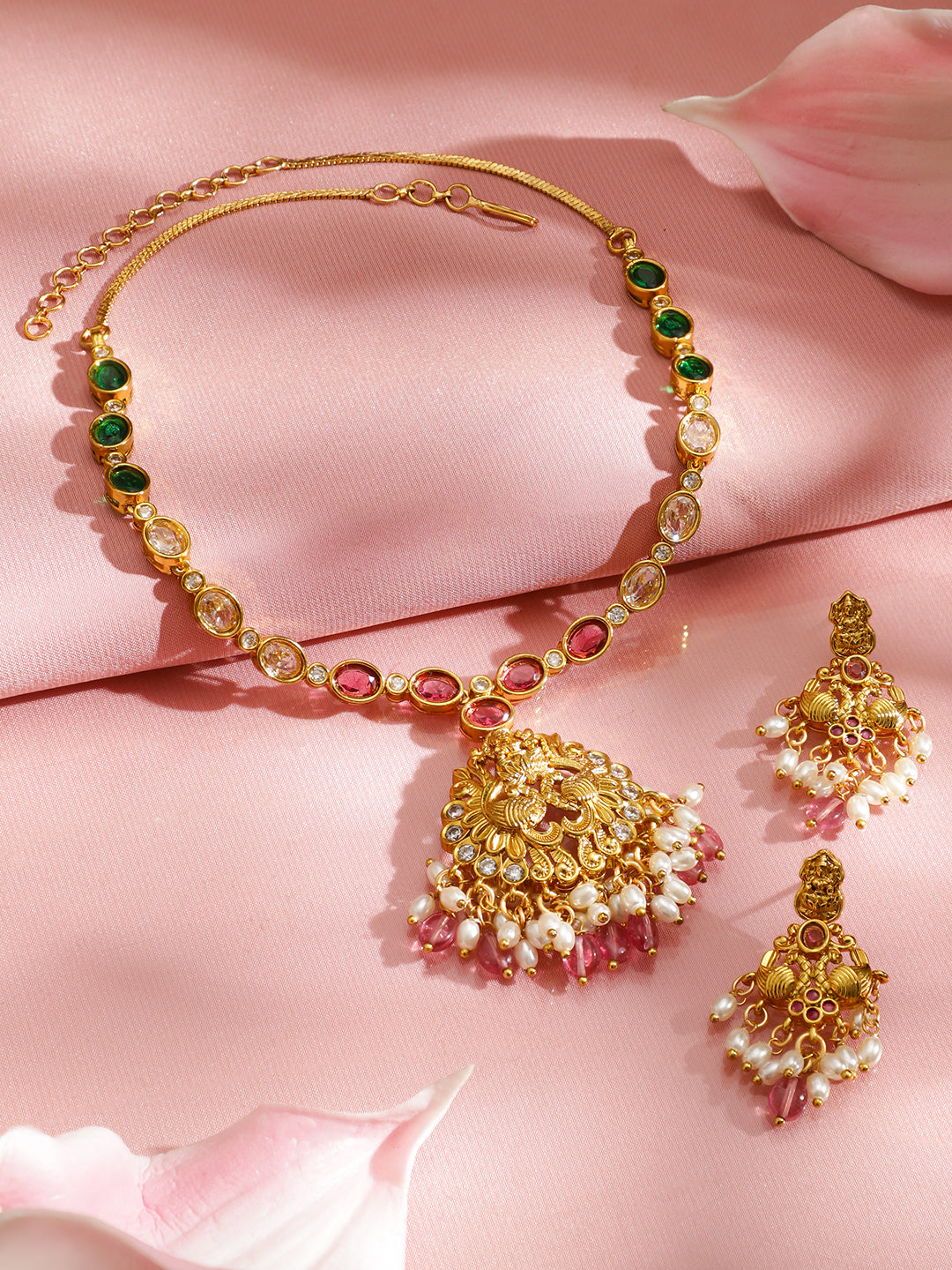 Multicolor Pearl Drop Temple Necklace Set フリーサイズ