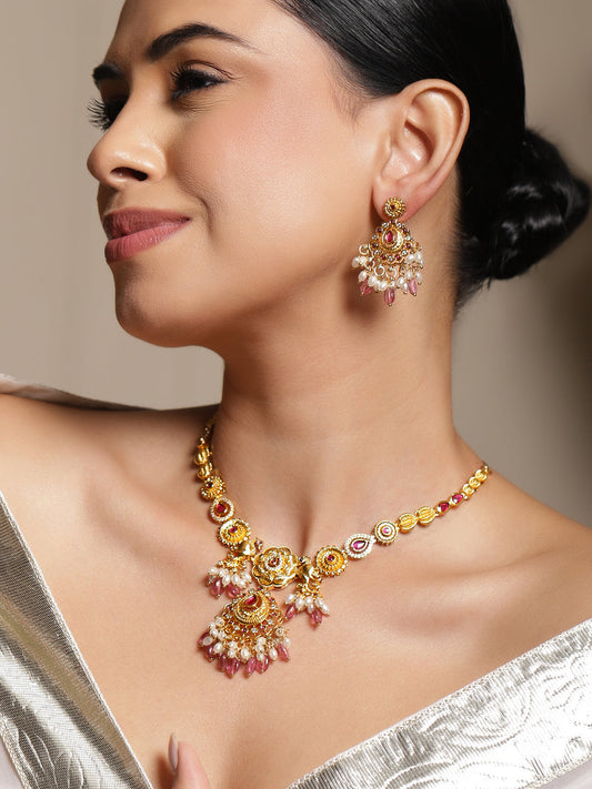 Floral Motif White & Red Beaded Gold Necklace Set フリーサイズ