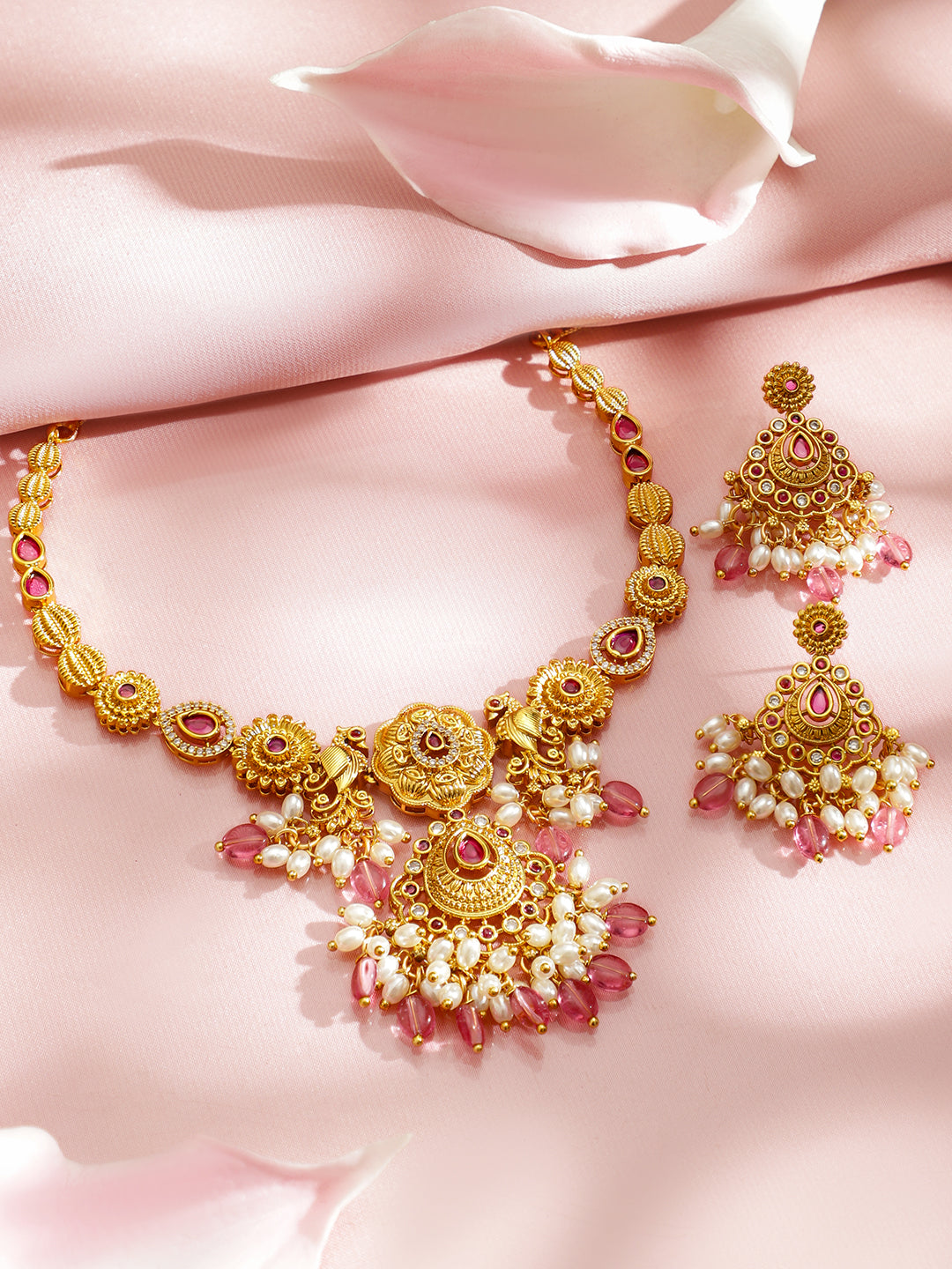 Floral Motif White & Red Beaded Gold Necklace Set フリーサイズ