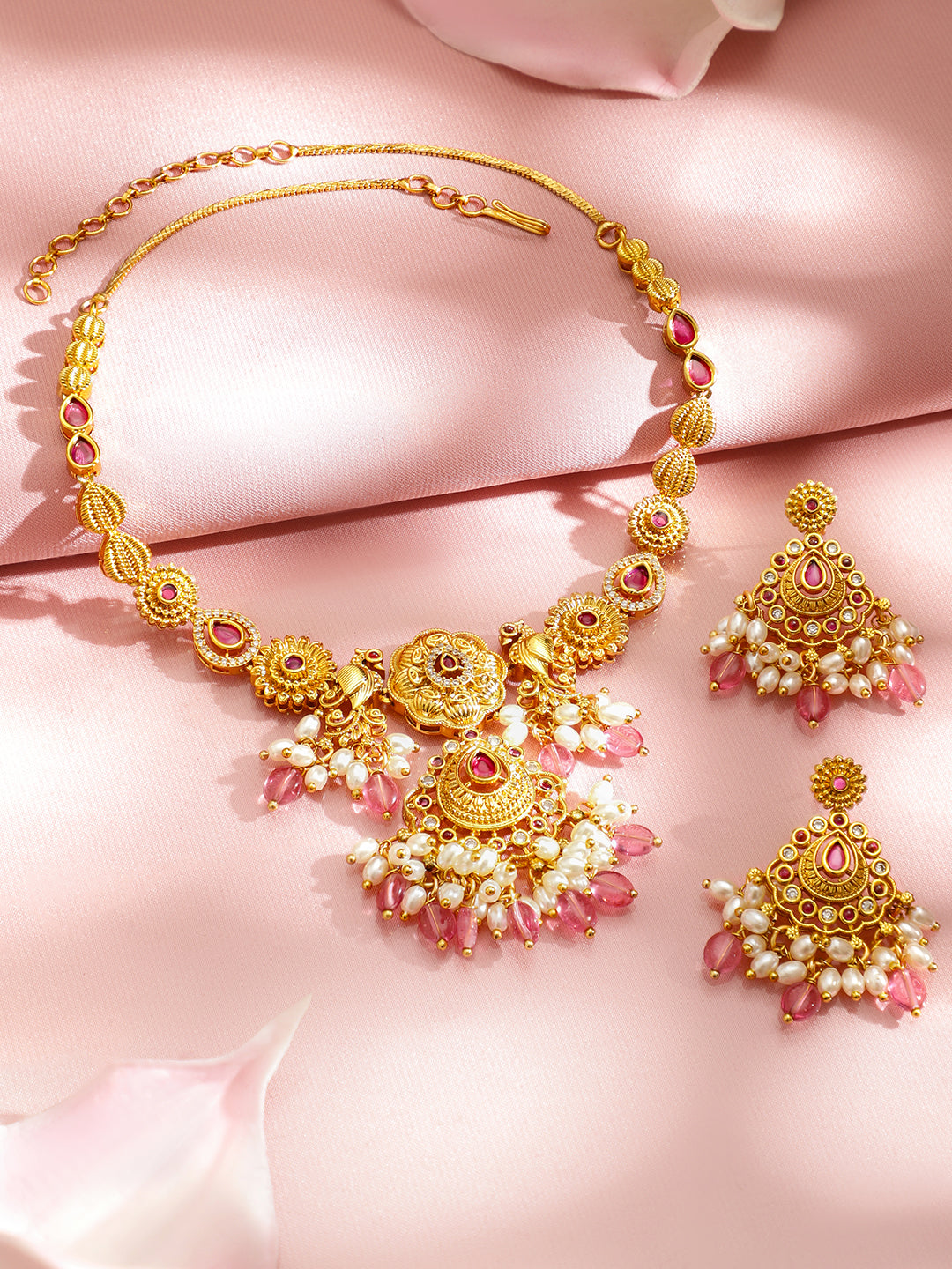 Floral Motif White & Red Beaded Gold Necklace Set フリーサイズ