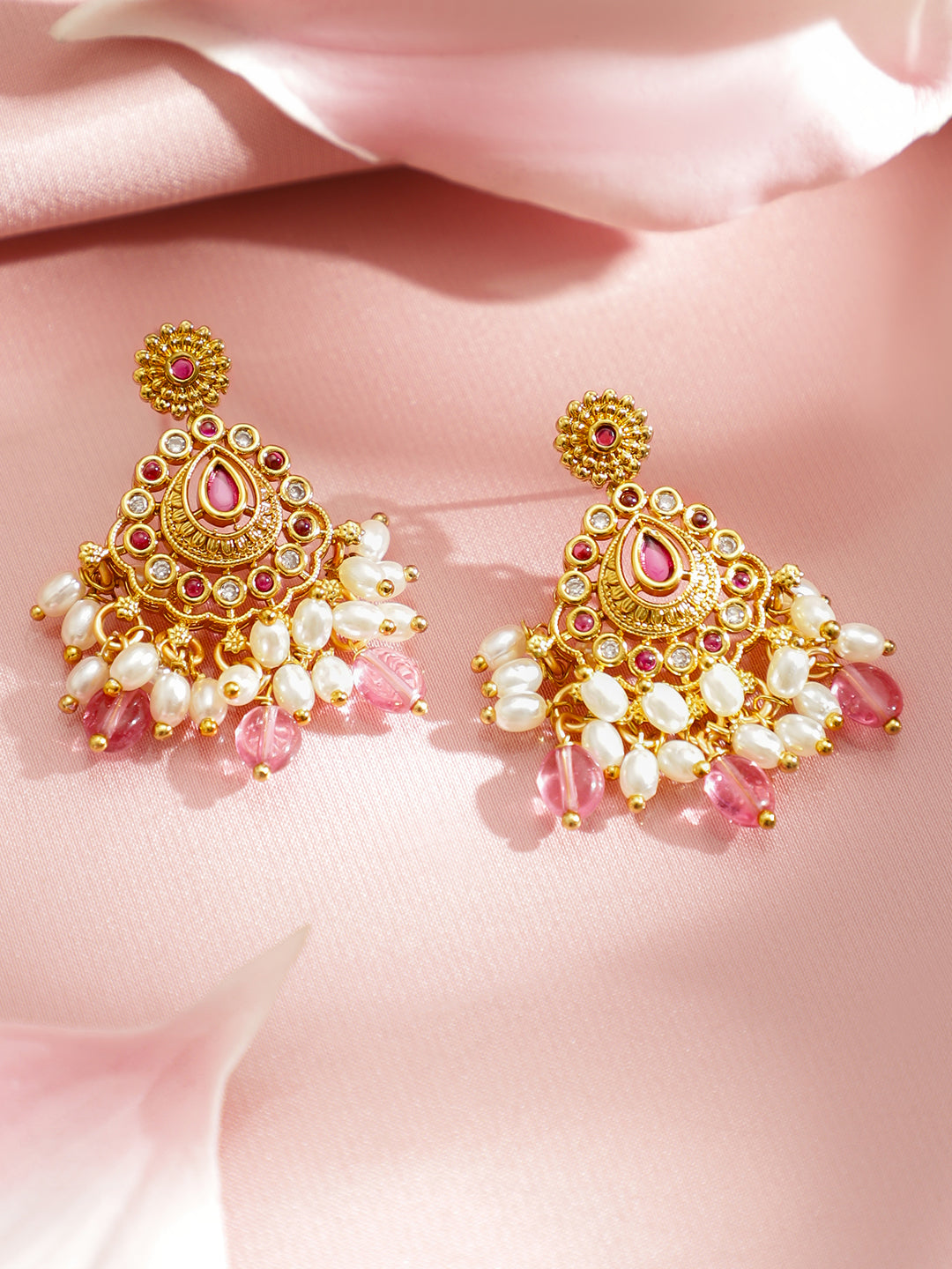 Floral Motif White & Red Beaded Gold Necklace Set フリーサイズ