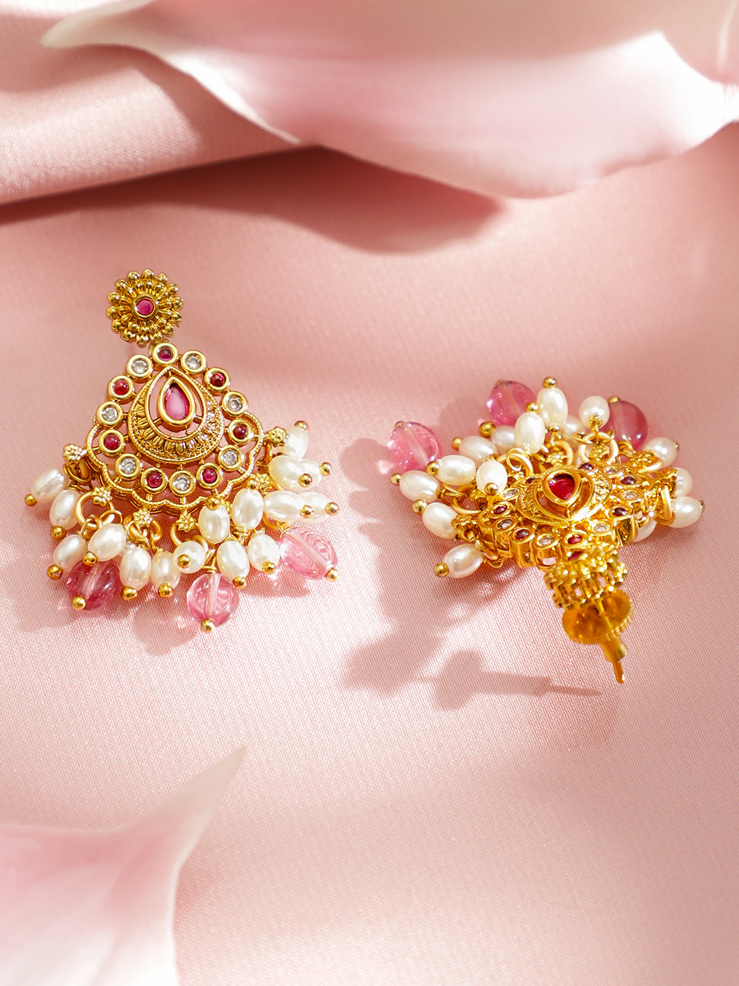 Floral Motif White & Red Beaded Gold Necklace Set フリーサイズ