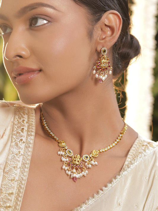 American Diamond Zirconia Pearl Temple Necklace Set フリーサイズ