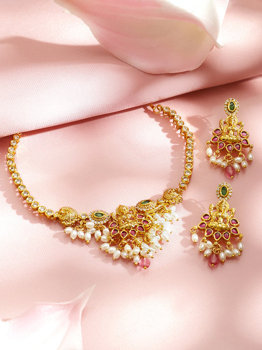 American Diamond Zirconia Pearl Temple Necklace Set フリーサイズ