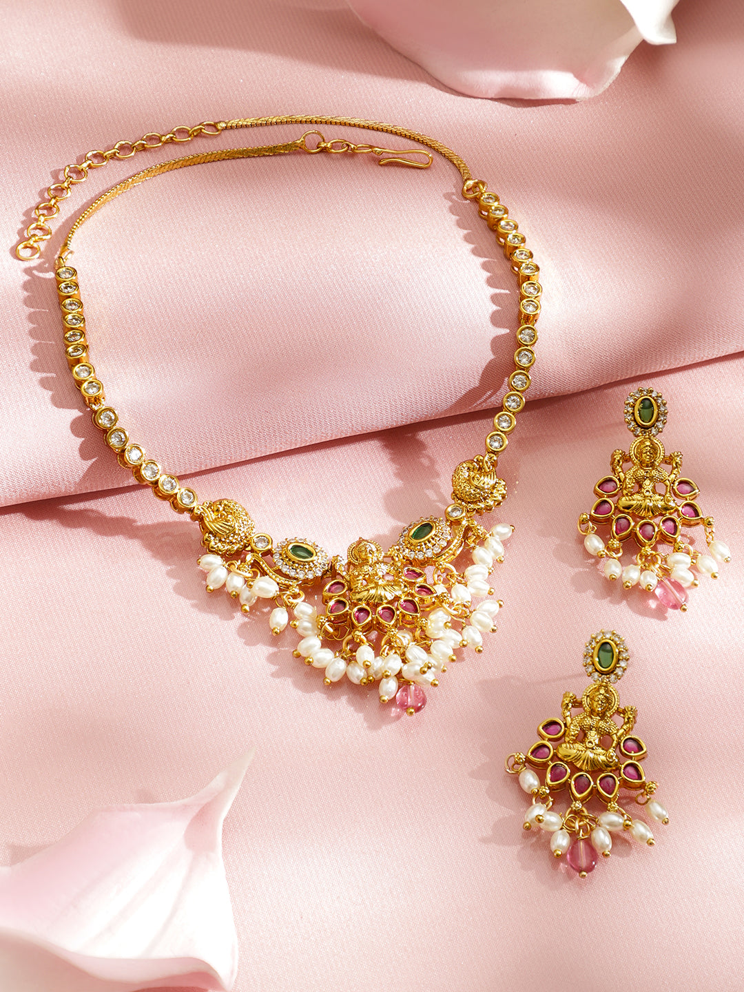 American Diamond Zirconia Pearl Temple Necklace Set フリーサイズ