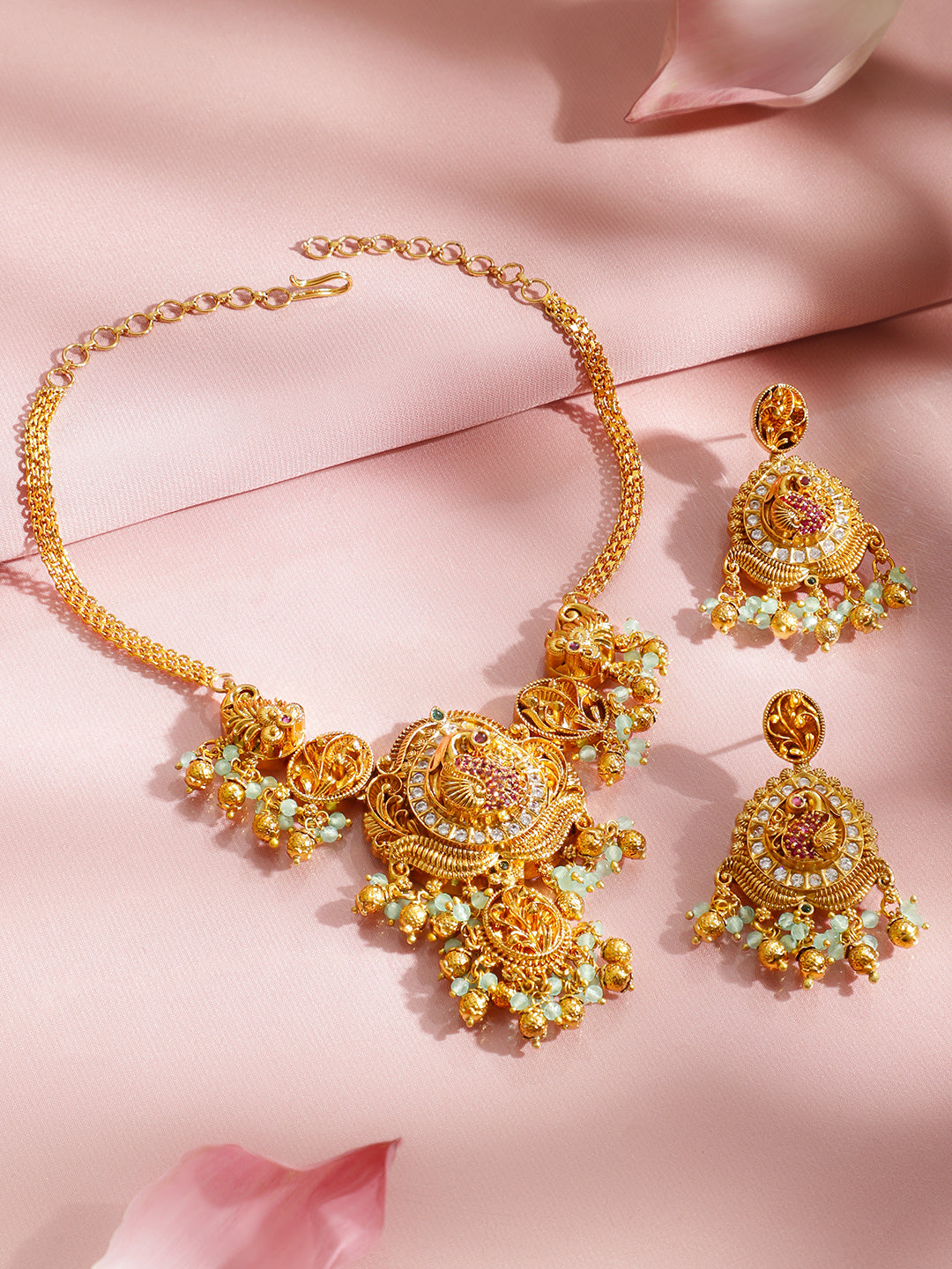 Pink & White Studded Golden Necklace Set フリーサイズ